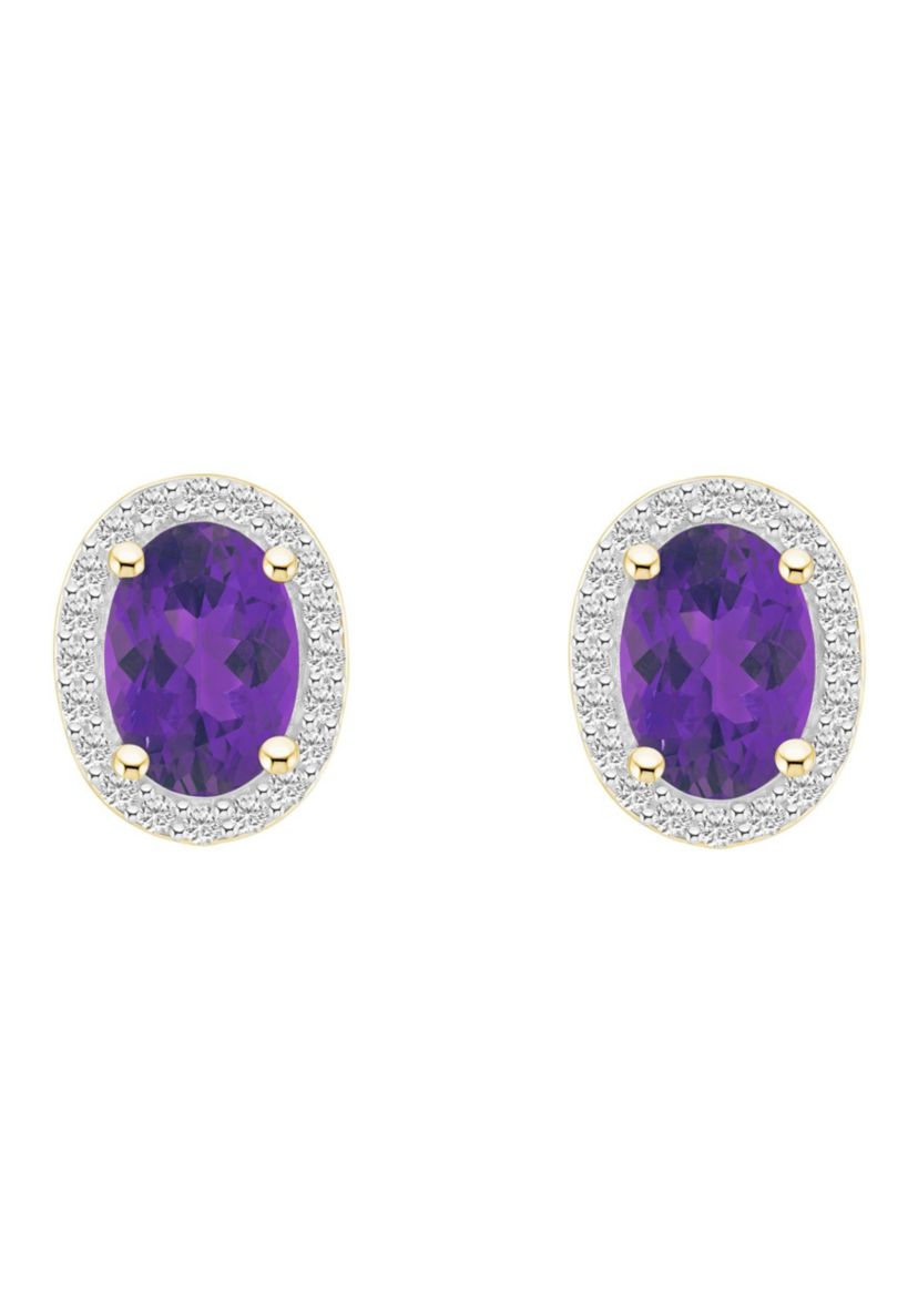 10K Yellow Gold 7x5mm Oval Amethyst And Created White Sapphire Halo Stud Earrings
