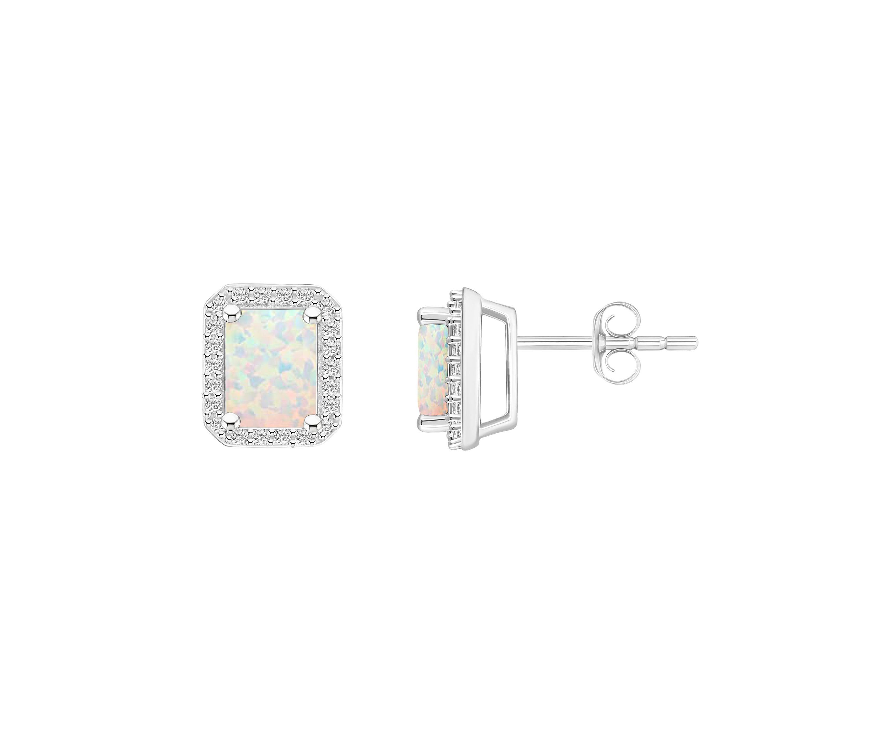 Lab Created 10K White Gold 7x5mm Emerald Cut Created Opal And Created White Sapphire Halo Stud Earrings
