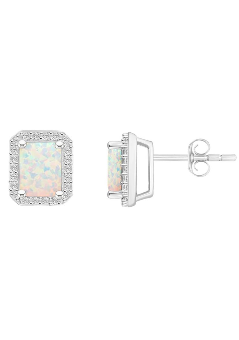 Lab Created 10K White Gold 7x5mm Emerald Cut Created Opal And Created White Sapphire Halo Stud Earrings