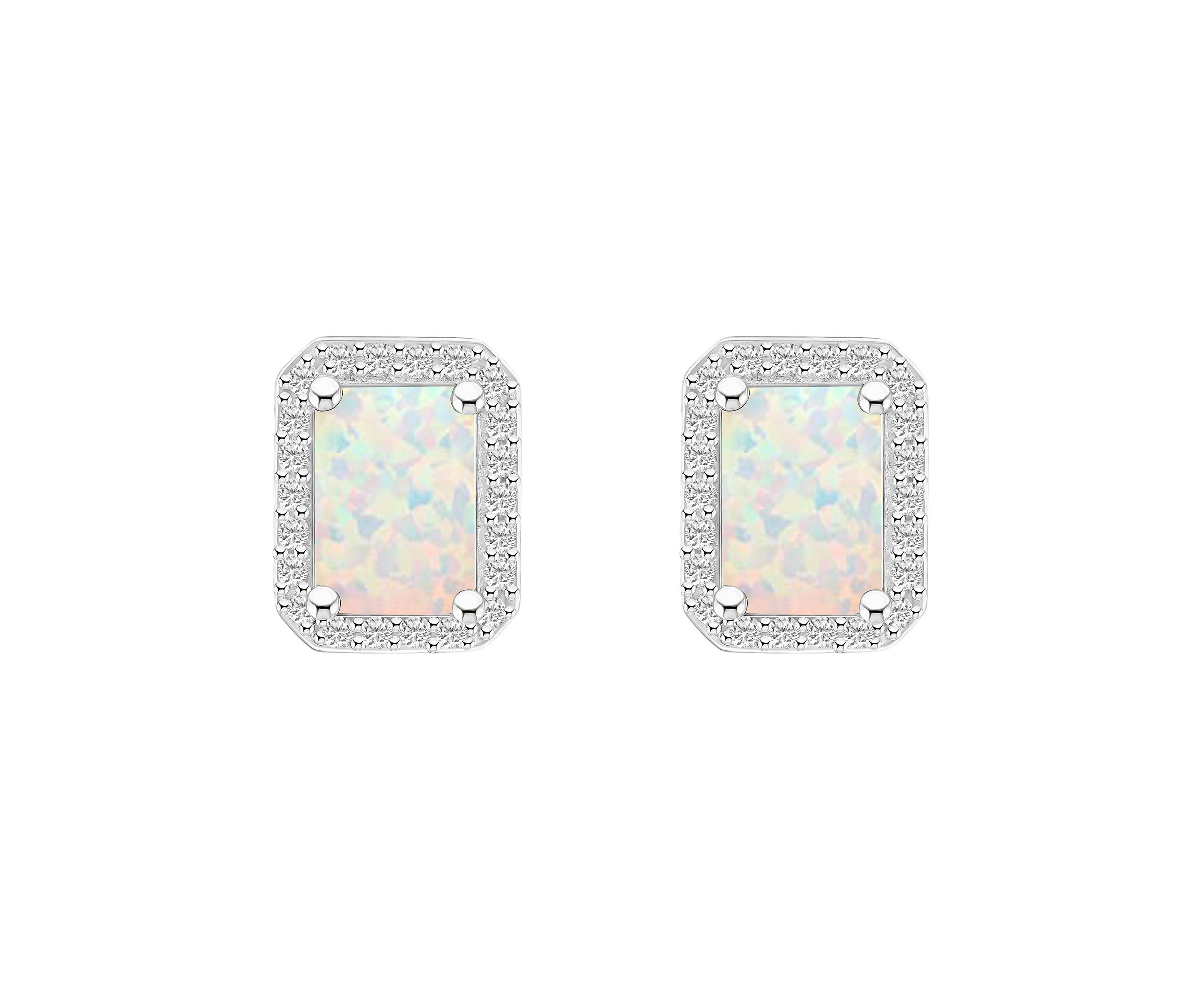 Lab Created 10K White Gold 7x5mm Emerald Cut Created Opal And Created White Sapphire Halo Stud Earrings