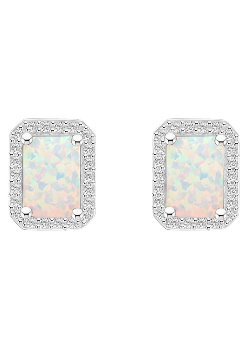 Lab Created 10K White Gold 7x5mm Emerald Cut Created Opal And Created White Sapphire Halo Stud Earrings