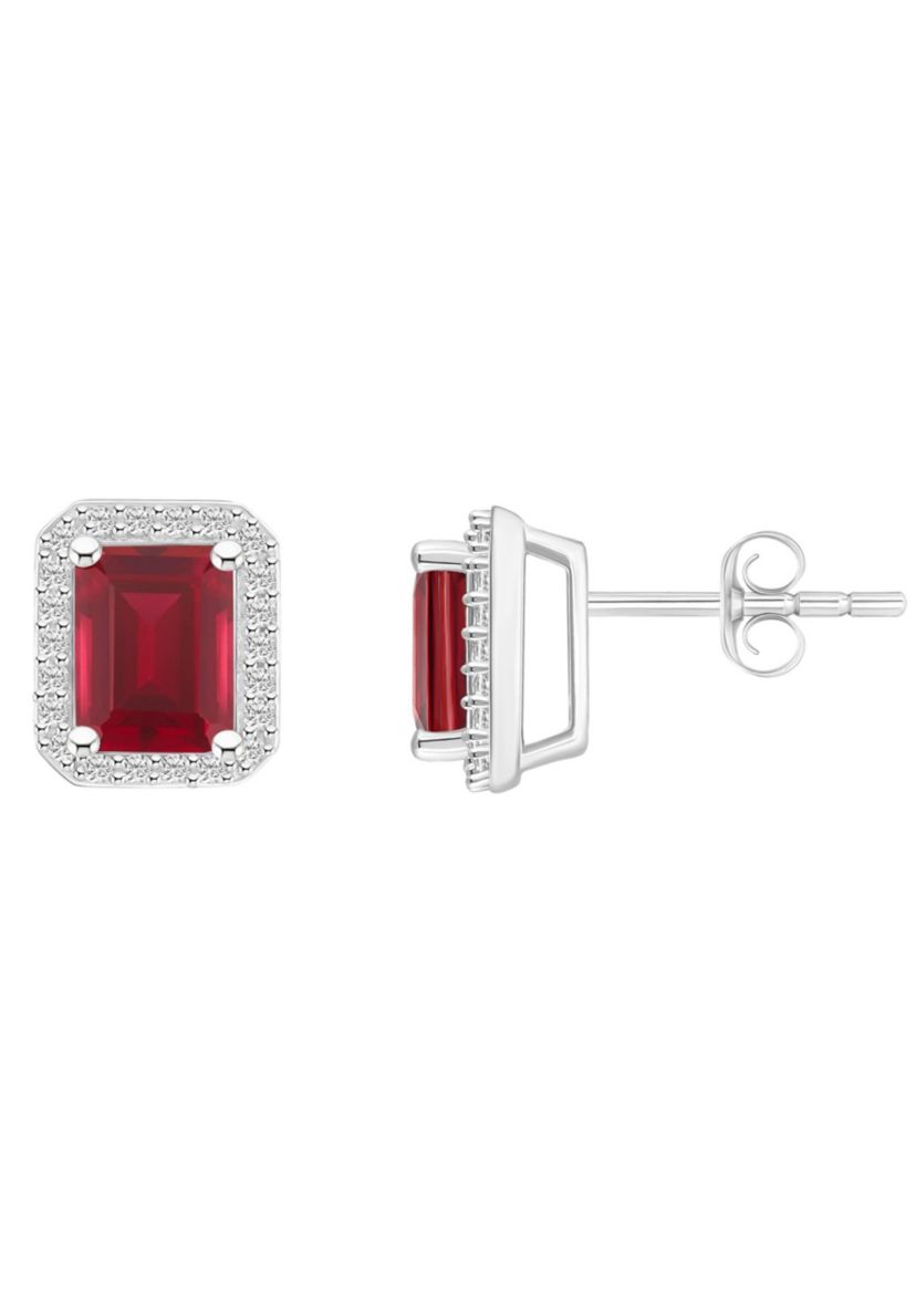Lab Created 10K White Gold 7x5mm Emerald Cut Created Ruby And Created White Sapphire Halo Stud Earrings