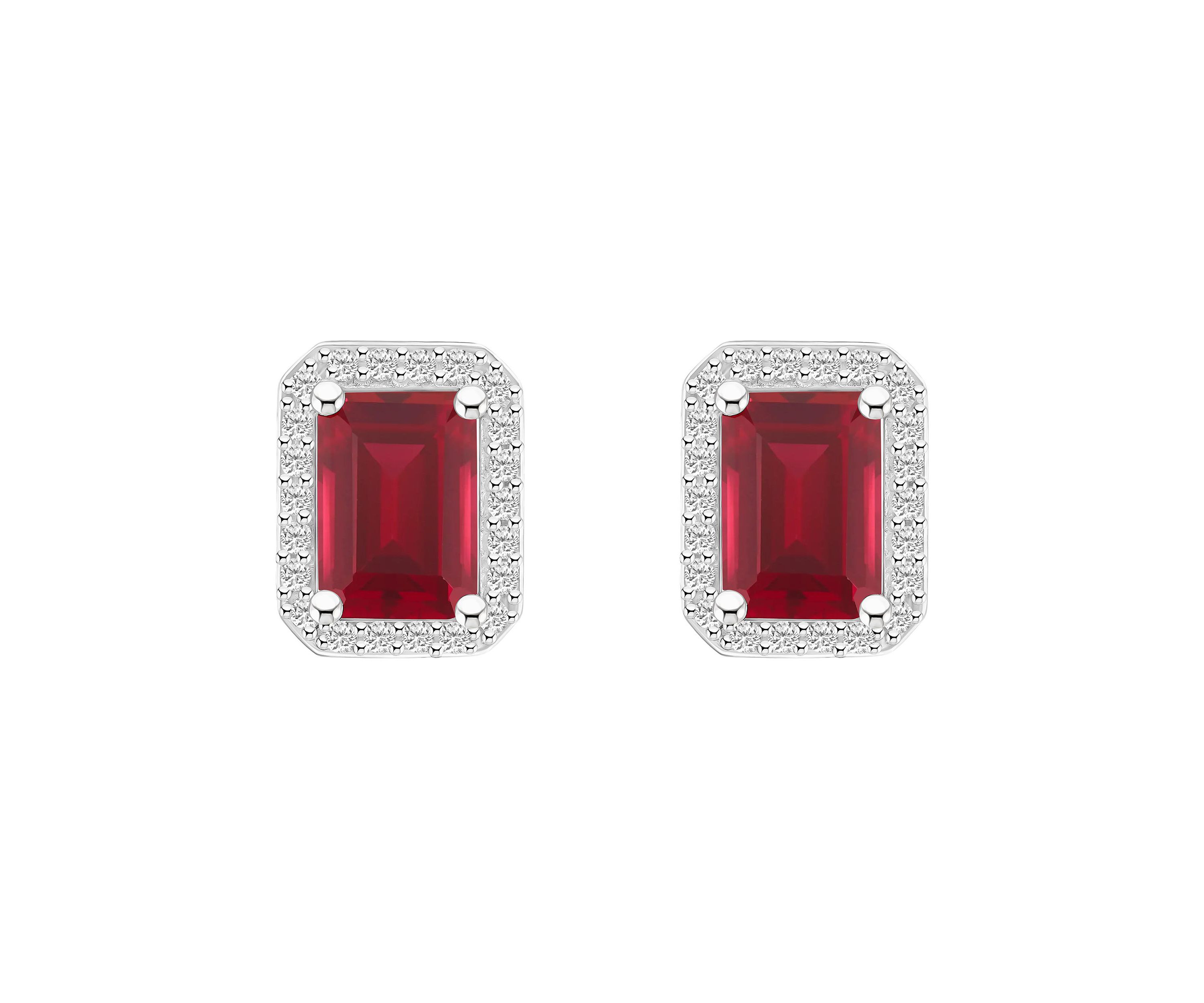 Lab Created 10K White Gold 7x5mm Emerald Cut Created Ruby And Created White Sapphire Halo Stud Earrings