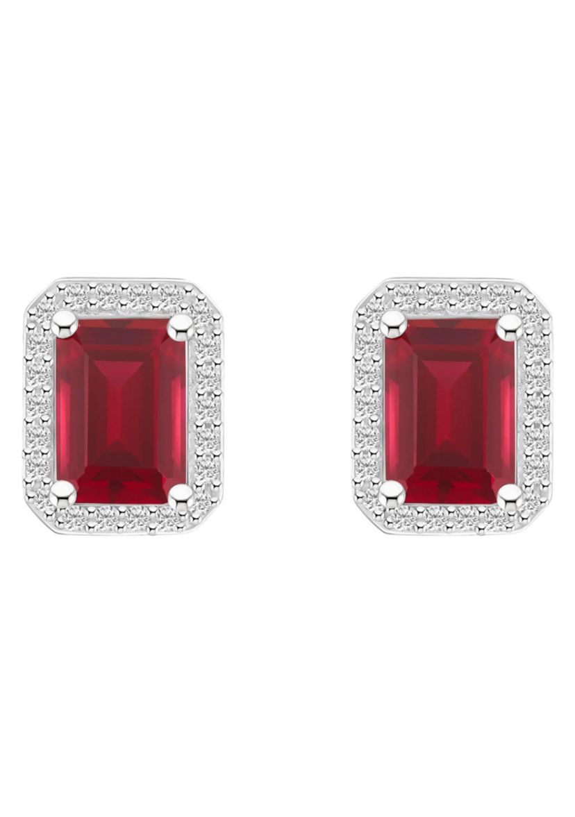 Lab Created 10K White Gold 7x5mm Emerald Cut Created Ruby And Created White Sapphire Halo Stud Earrings