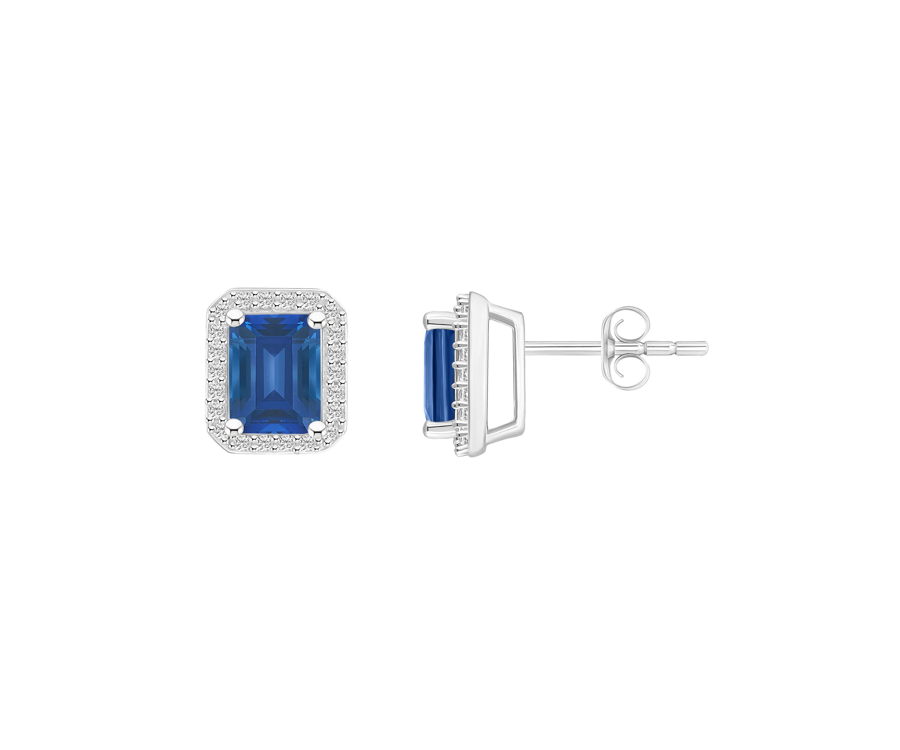 Lab Created 10K White Gold 7x5mm Emerald Cut Created Sapphire And Created White Sapphire Halo Stud Earrings