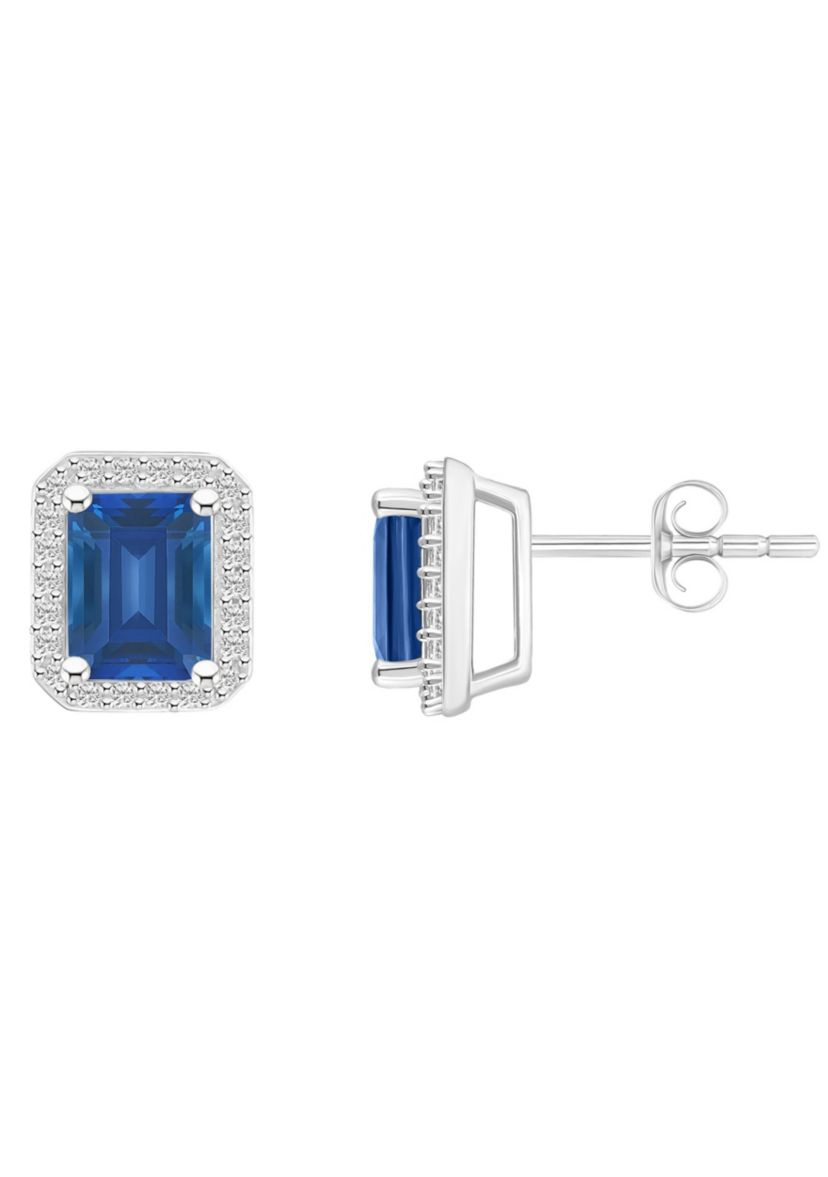 Lab Created 10K White Gold 7x5mm Emerald Cut Created Sapphire And Created White Sapphire Halo Stud Earrings