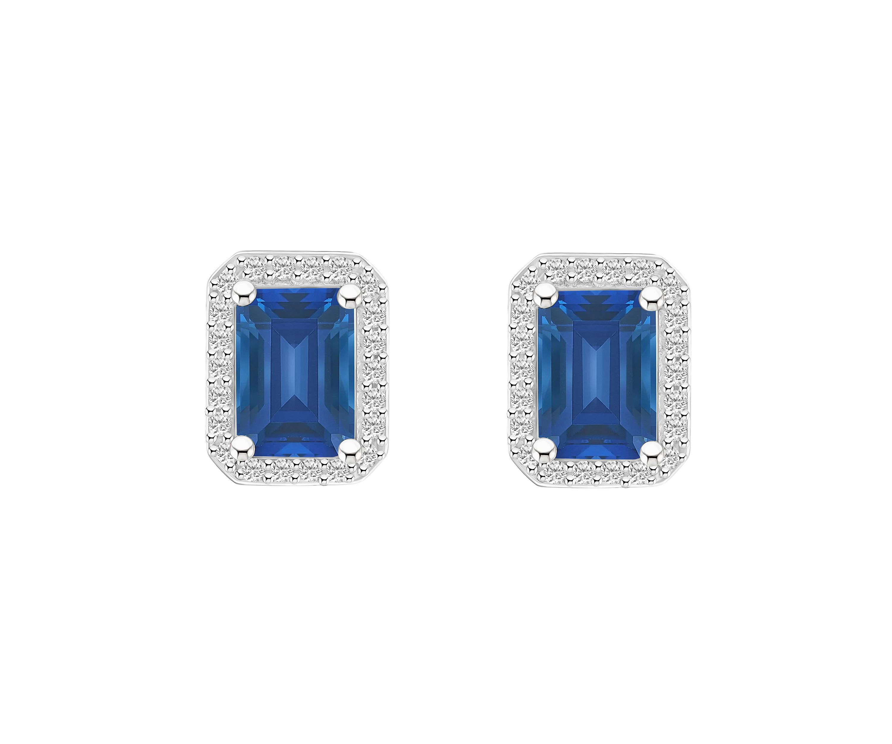 Lab Created 10K White Gold 7x5mm Emerald Cut Created Sapphire And Created White Sapphire Halo Stud Earrings