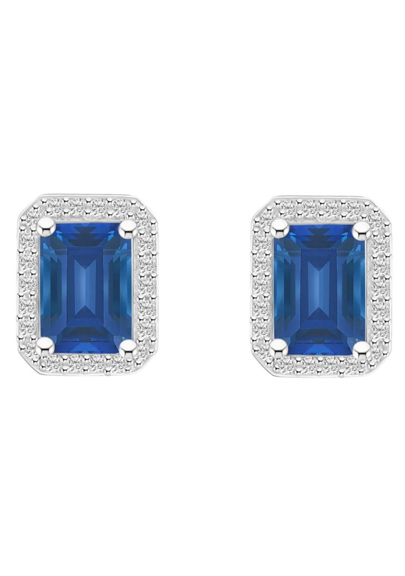 Lab Created 10K White Gold 7x5mm Emerald Cut Created Sapphire And Created White Sapphire Halo Stud Earrings