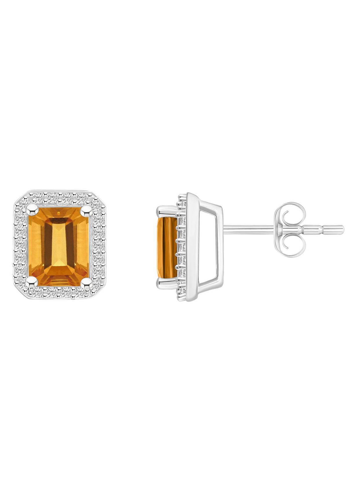 10K White Gold 7x5mm Emerald Cut Citrine And Created White Sapphire Halo Stud Earrings