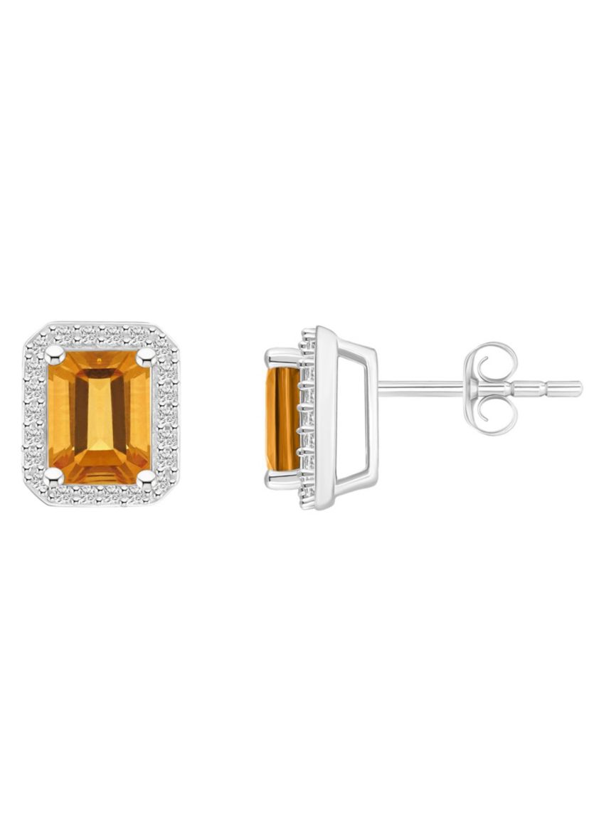 10K White Gold 7x5mm Emerald Cut Citrine And Created White Sapphire Halo Stud Earrings