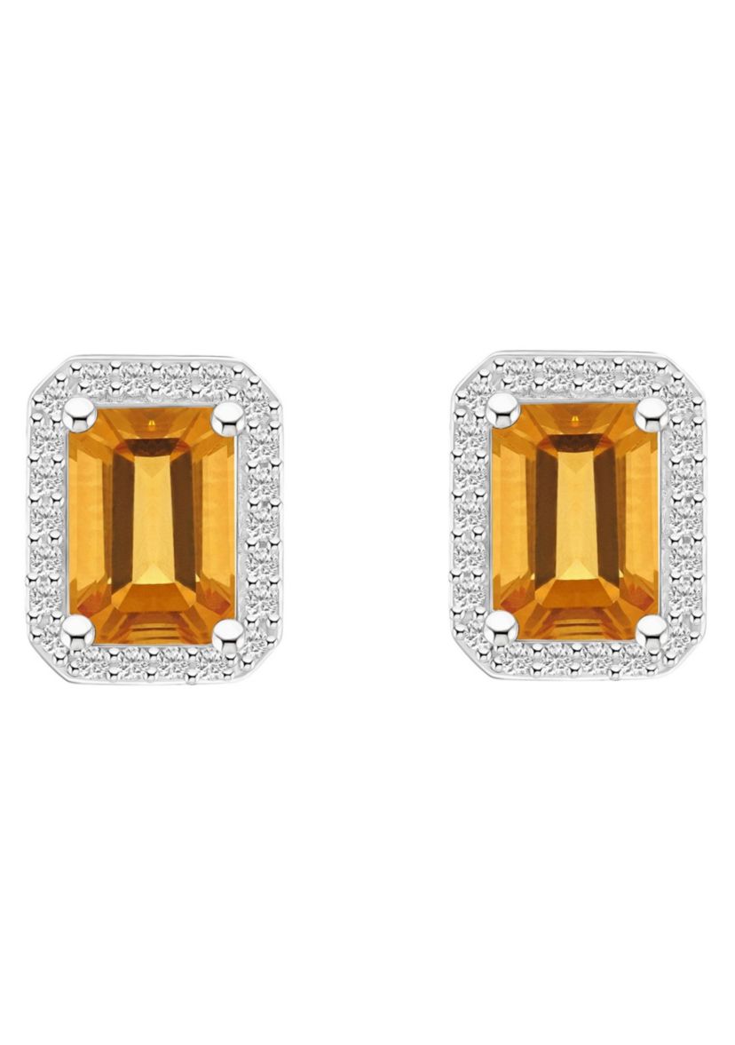 10K White Gold 7x5mm Emerald Cut Citrine And Created White Sapphire Halo Stud Earrings