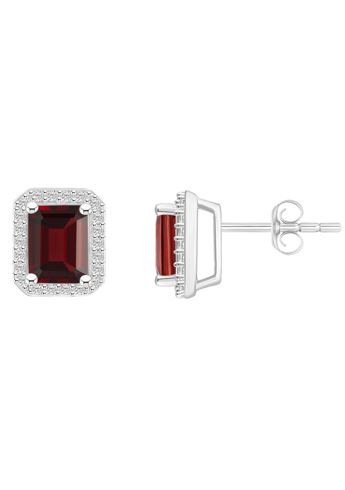 10K White Gold 7x5mm Emerald Cut Garnet And Created White Sapphire Halo Stud Earrings