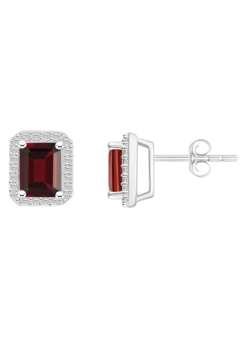 10K White Gold 7x5mm Emerald Cut Garnet And Created White Sapphire Halo Stud Earrings