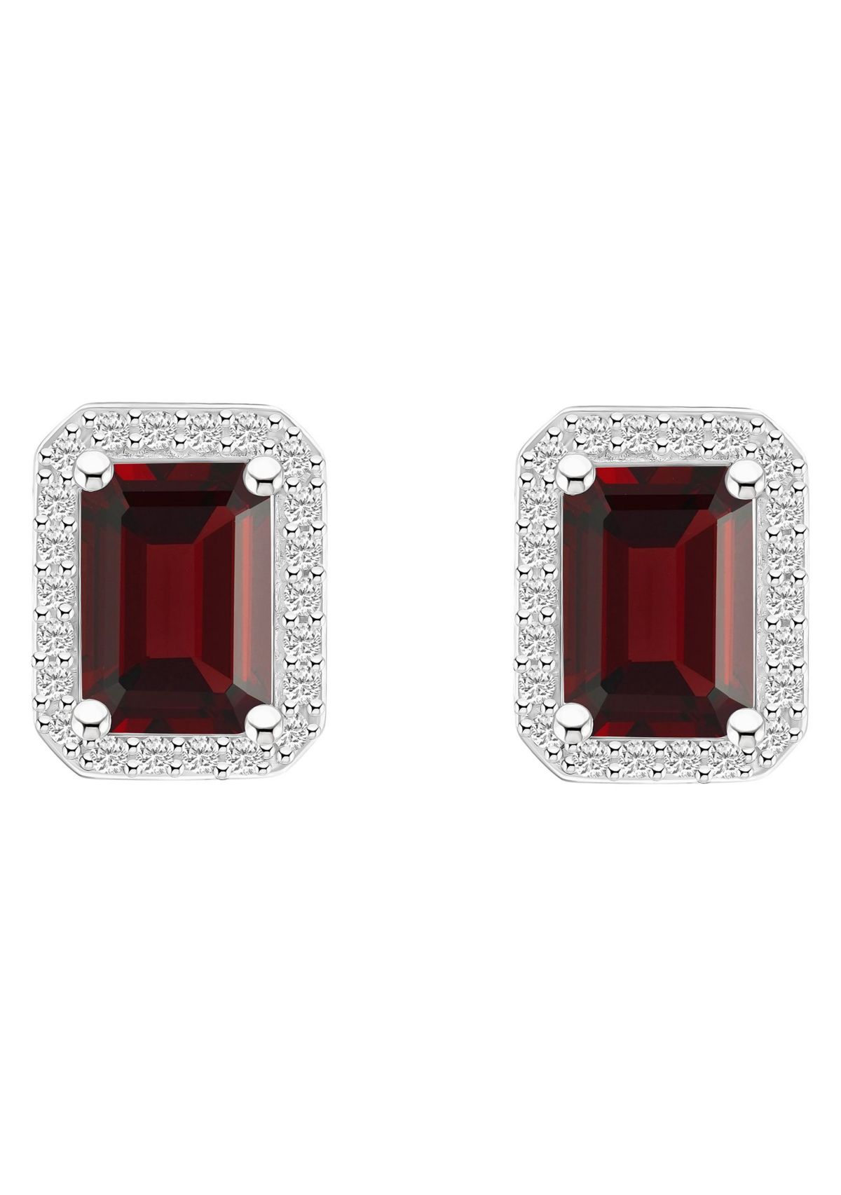10K White Gold 7x5mm Emerald Cut Garnet And Created White Sapphire Halo Stud Earrings