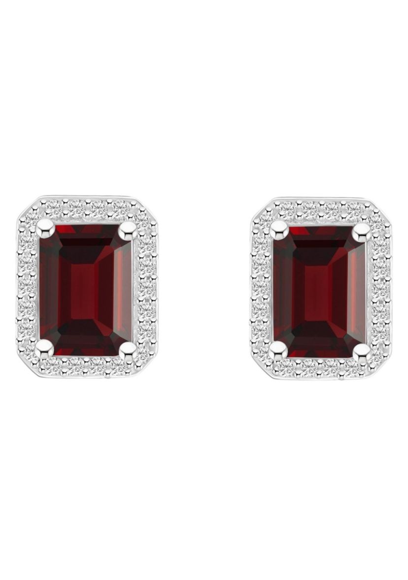 10K White Gold 7x5mm Emerald Cut Garnet And Created White Sapphire Halo Stud Earrings