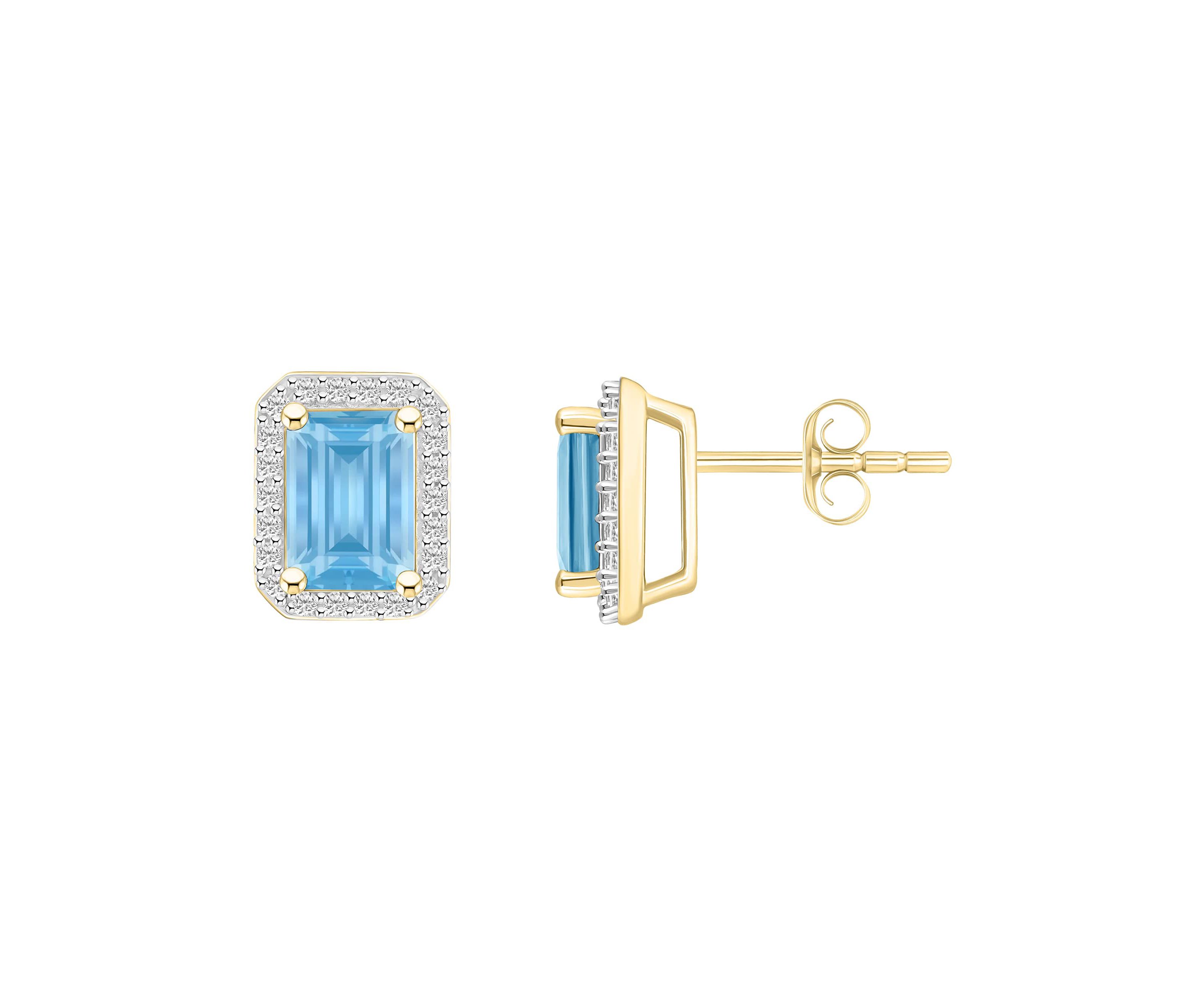 Lab Created 10K Yellow Gold 7x5mm Emerald Cut Simulated Aquamarine & Created White Sapphire Halo Stud Earrings