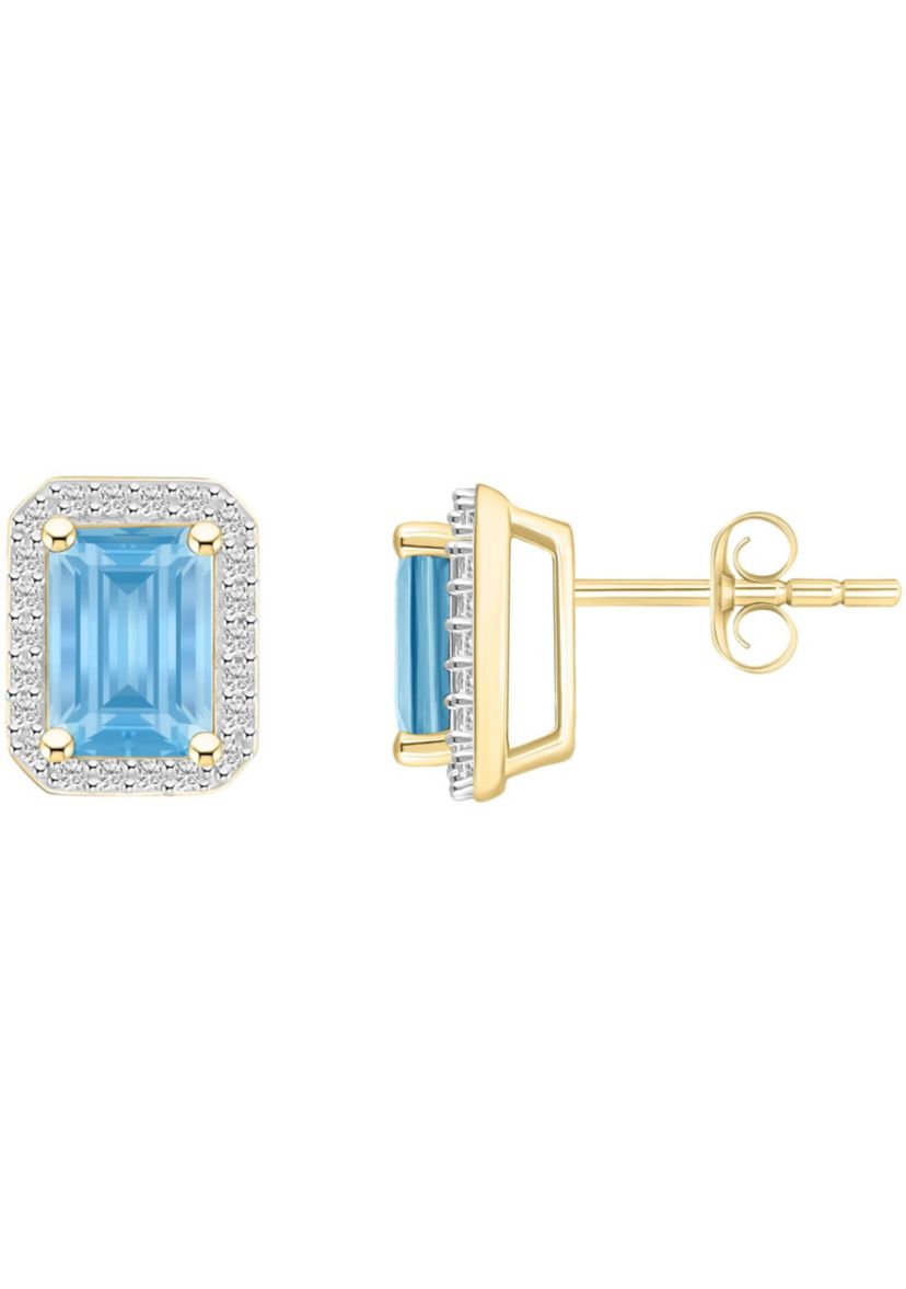 Lab Created 10K Yellow Gold 7x5mm Emerald Cut Simulated Aquamarine & Created White Sapphire Halo Stud Earrings