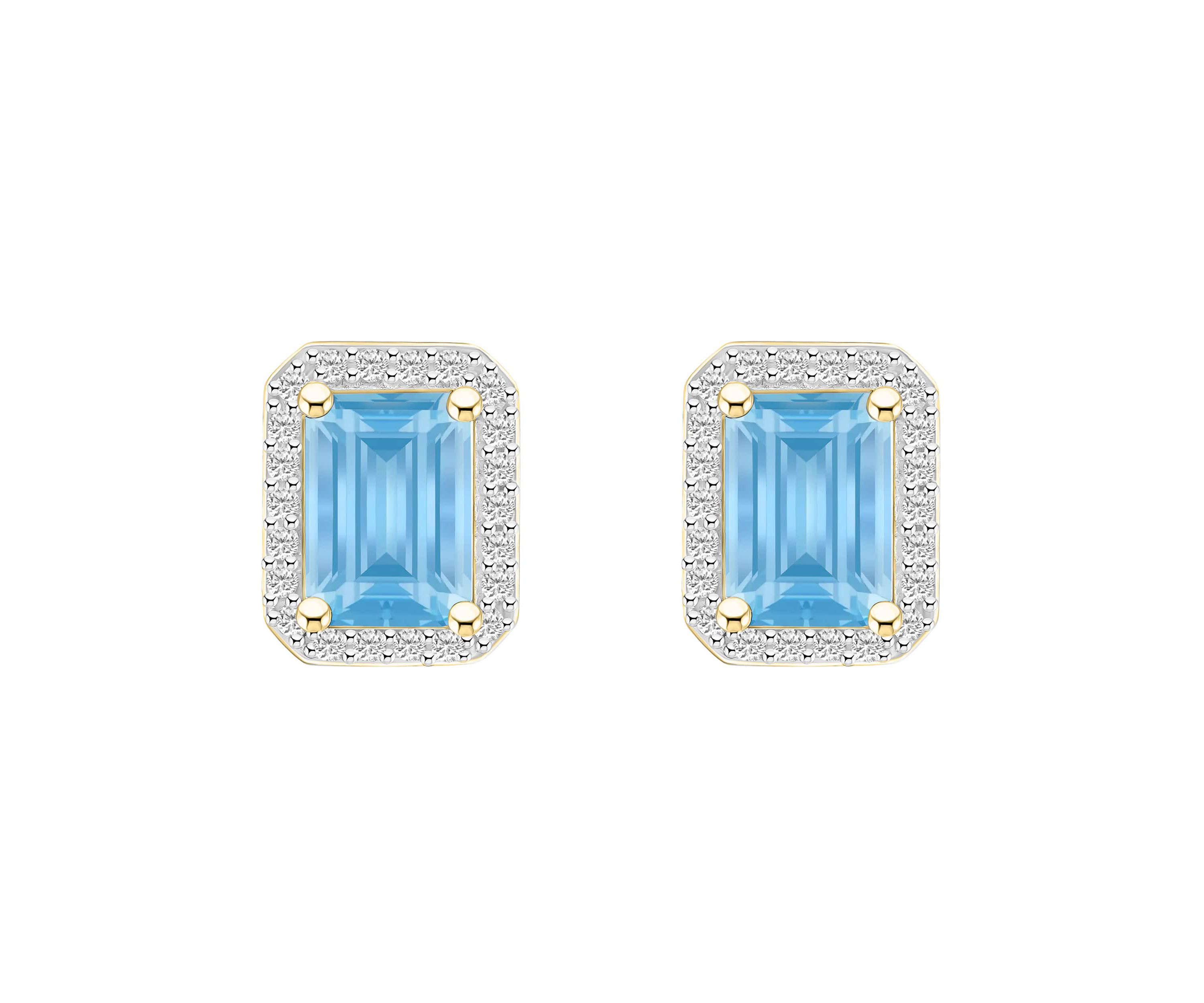 Lab Created 10K Yellow Gold 7x5mm Emerald Cut Simulated Aquamarine & Created White Sapphire Halo Stud Earrings
