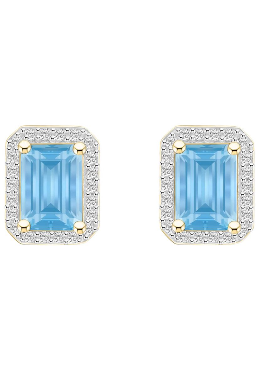 Lab Created 10K Yellow Gold 7x5mm Emerald Cut Simulated Aquamarine & Created White Sapphire Halo Stud Earrings