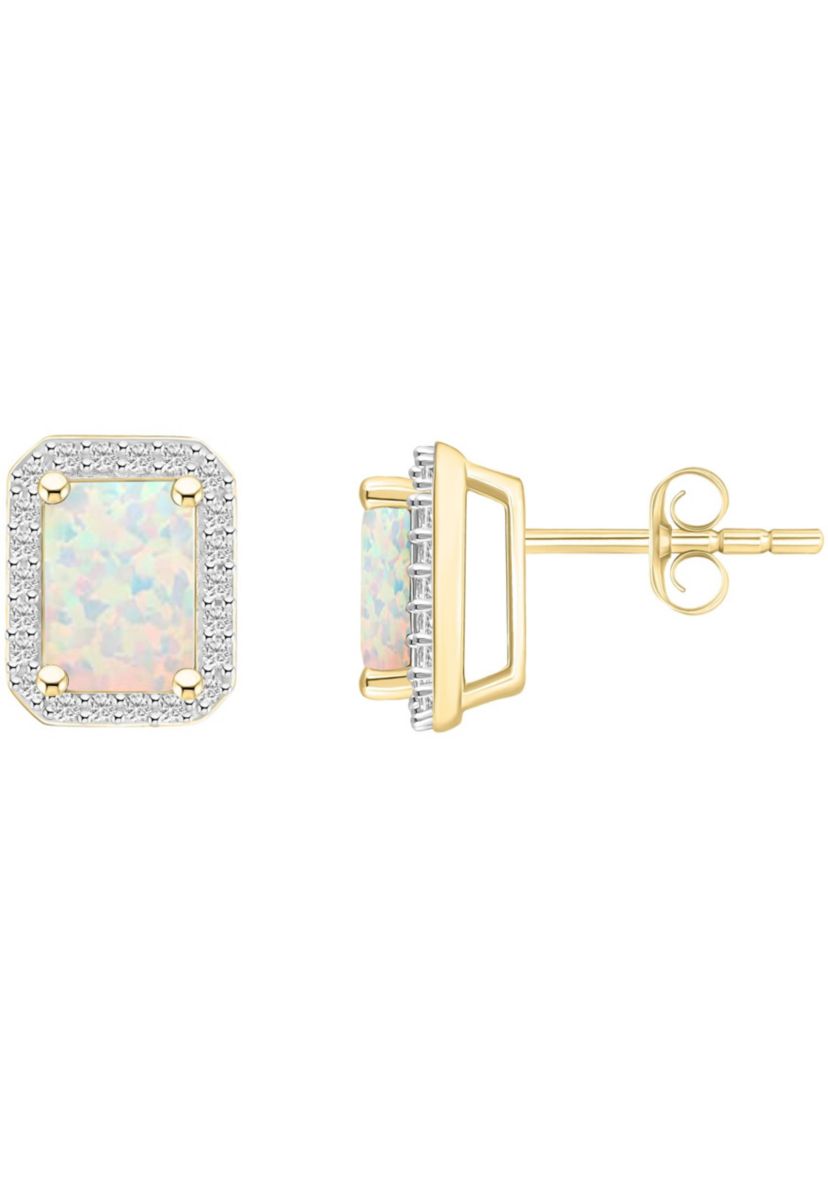 Lab Created 10K Yellow Gold 7x5mm Emerald Cut Created Opal & Created White Sapphire Halo Stud Earrings