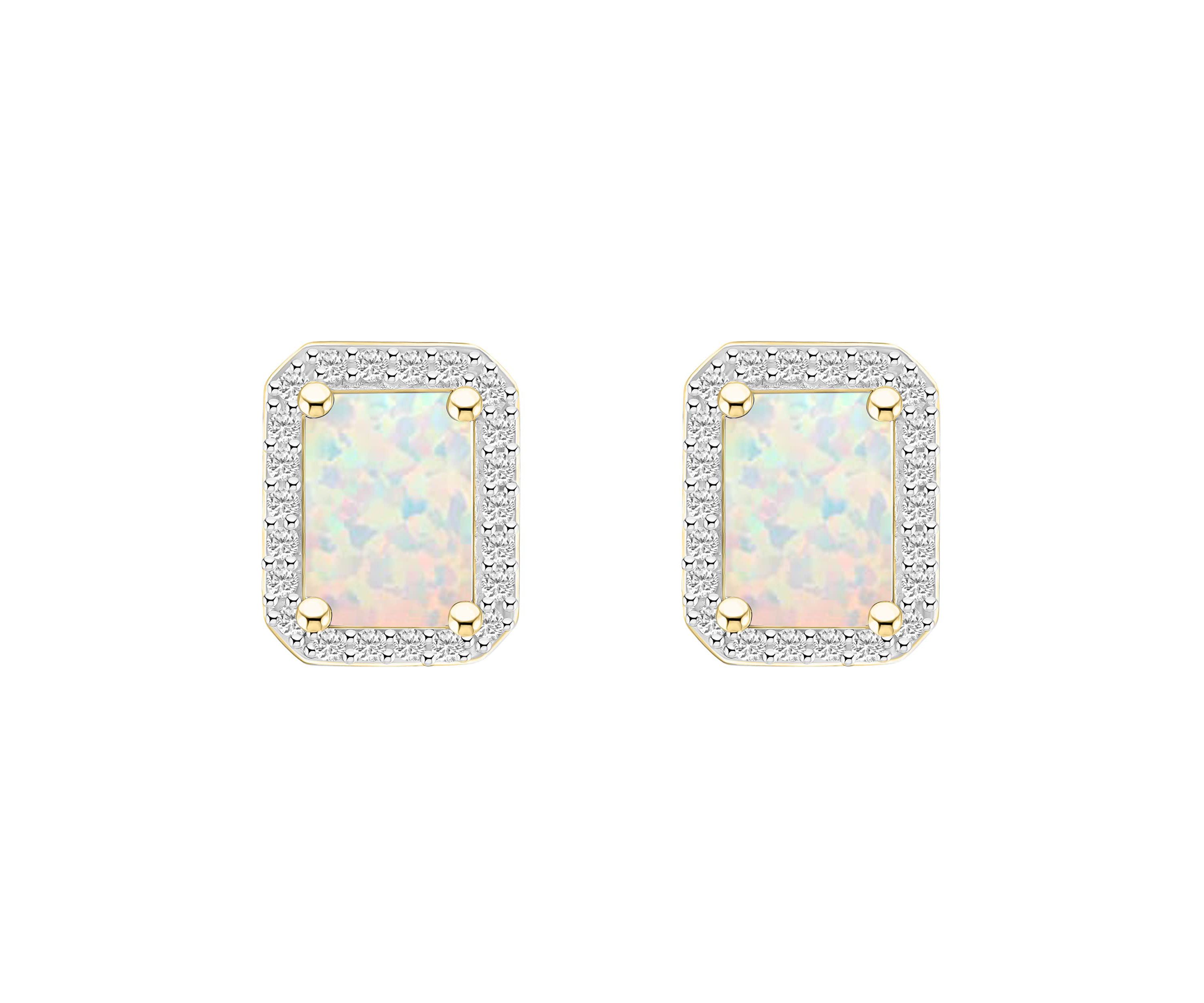 Lab Created 10K Yellow Gold 7x5mm Emerald Cut Created Opal & Created White Sapphire Halo Stud Earrings