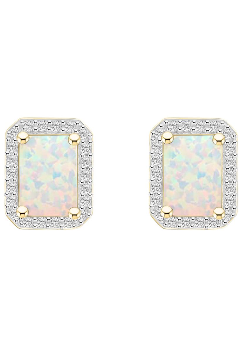 Lab Created 10K Yellow Gold 7x5mm Emerald Cut Created Opal & Created White Sapphire Halo Stud Earrings