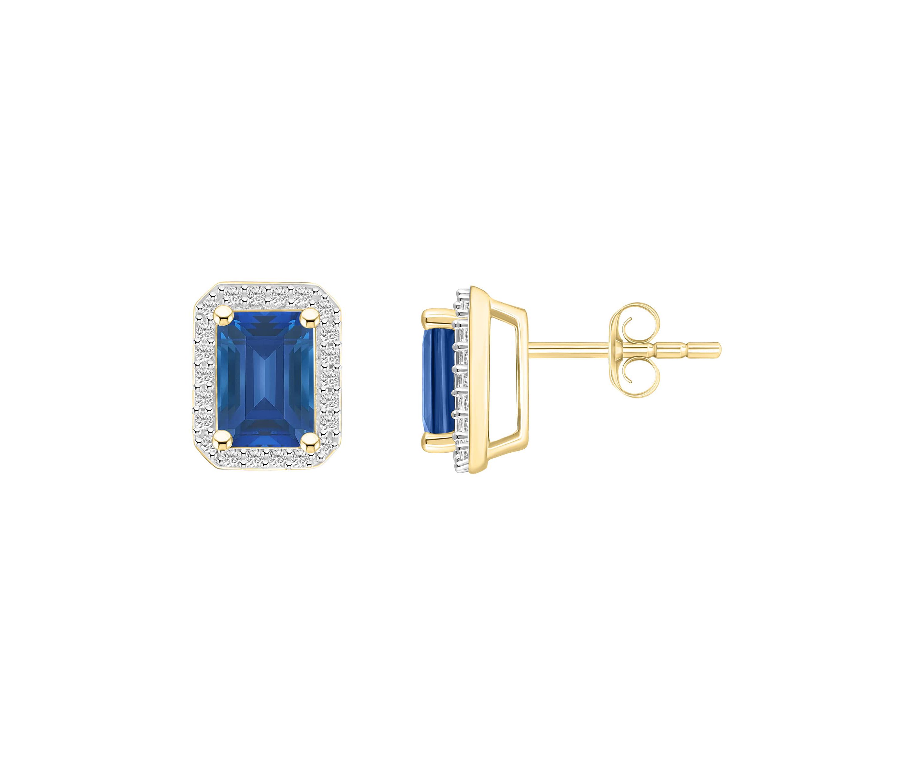 Lab Created 10K Yellow Gold 7x5mm Emerald Cut Created Sapphire & Created White Sapphire Halo Stud Earrings
