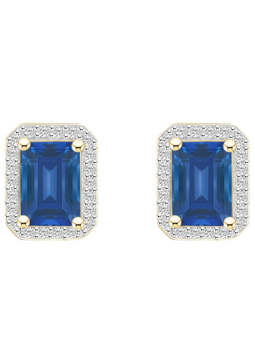 Lab Created 10K Yellow Gold 7x5mm Emerald Cut Created Sapphire & Created White Sapphire Halo Stud Earrings