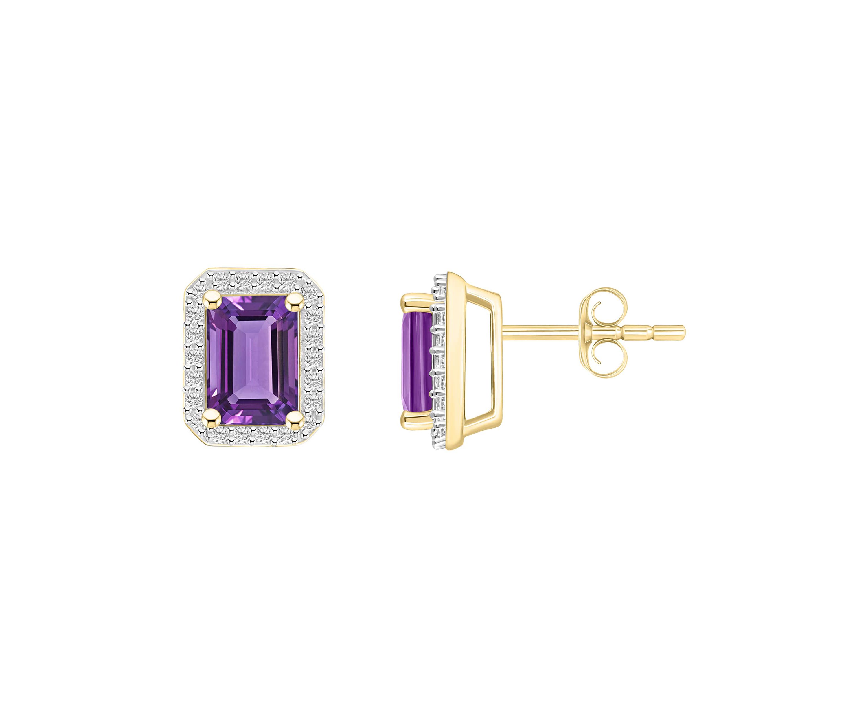 10K Yellow Gold 7x5mm Emerald Cut Amethyst & Created White Sapphire Halo Stud Earrings