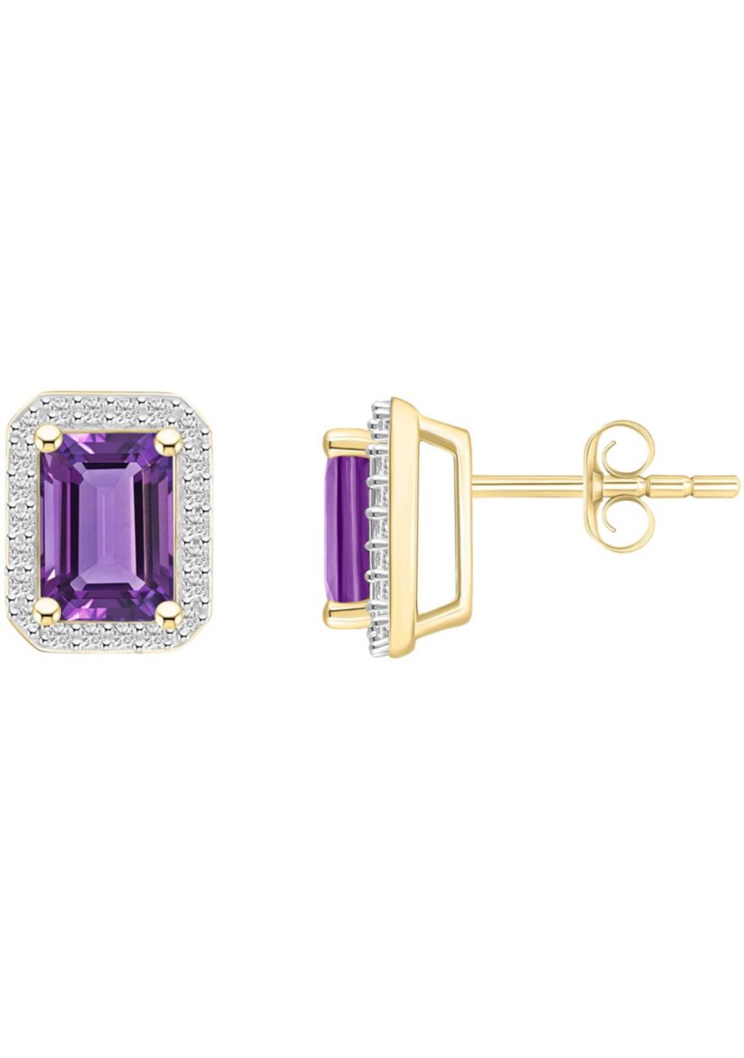 10K Yellow Gold 7x5mm Emerald Cut Amethyst & Created White Sapphire Halo Stud Earrings