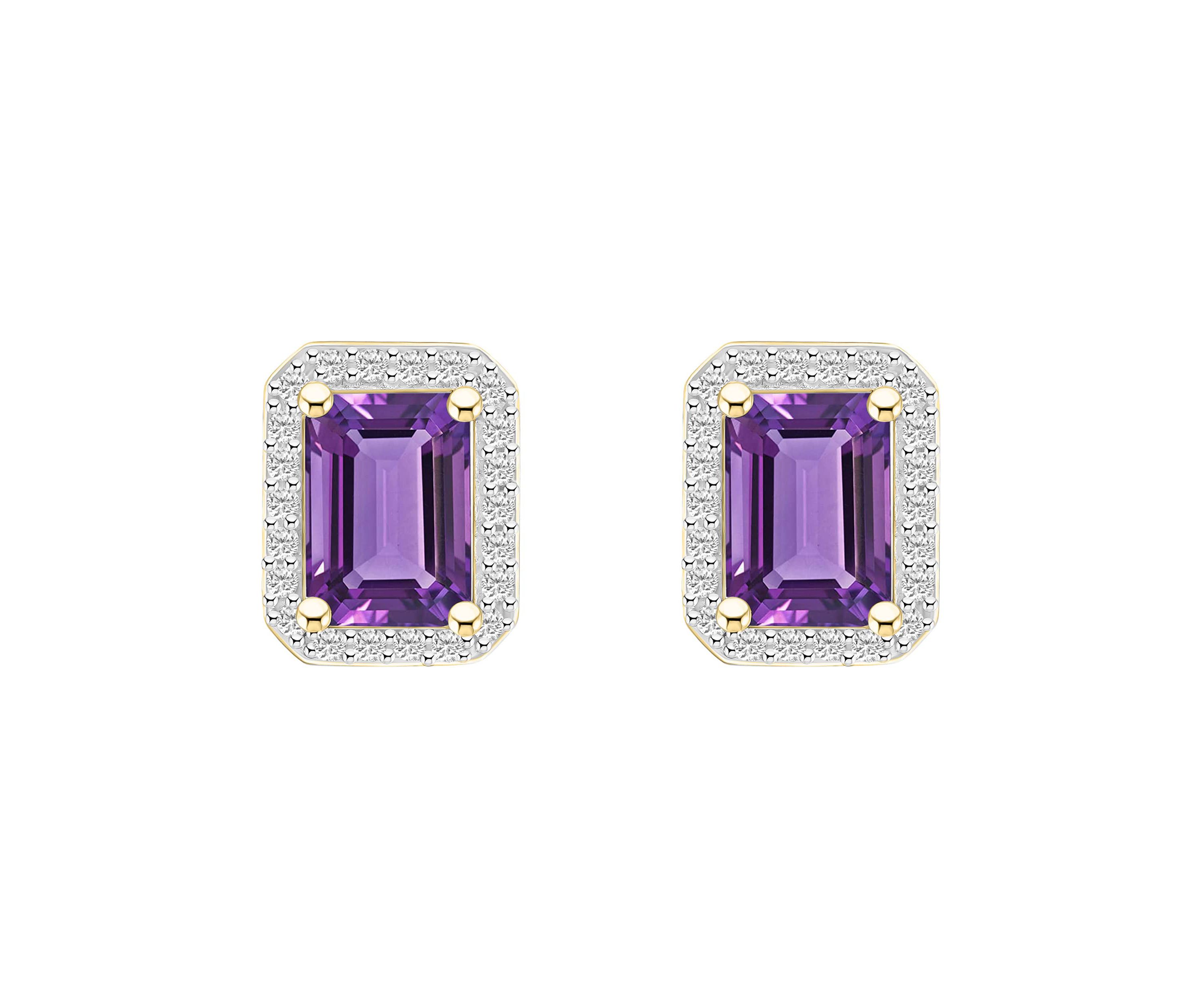 10K Yellow Gold 7x5mm Emerald Cut Amethyst & Created White Sapphire Halo Stud Earrings
