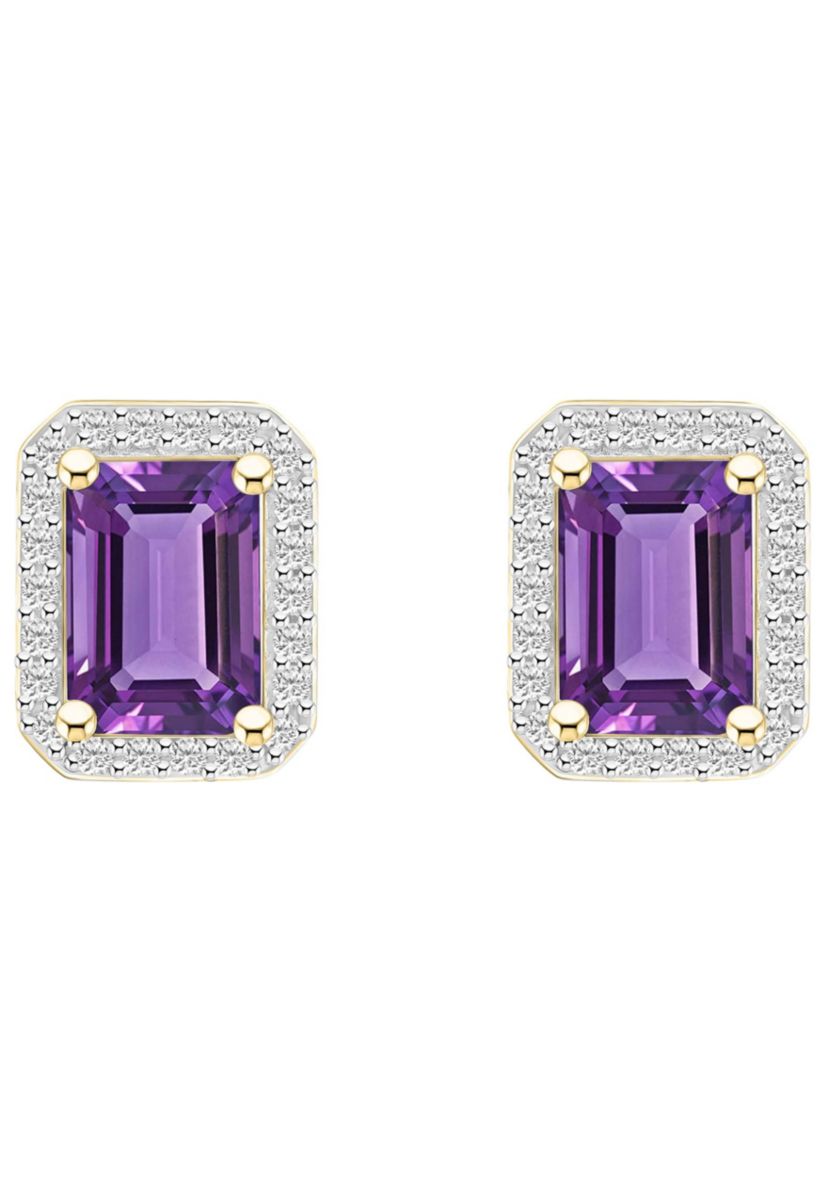 10K Yellow Gold 7x5mm Emerald Cut Amethyst & Created White Sapphire Halo Stud Earrings
