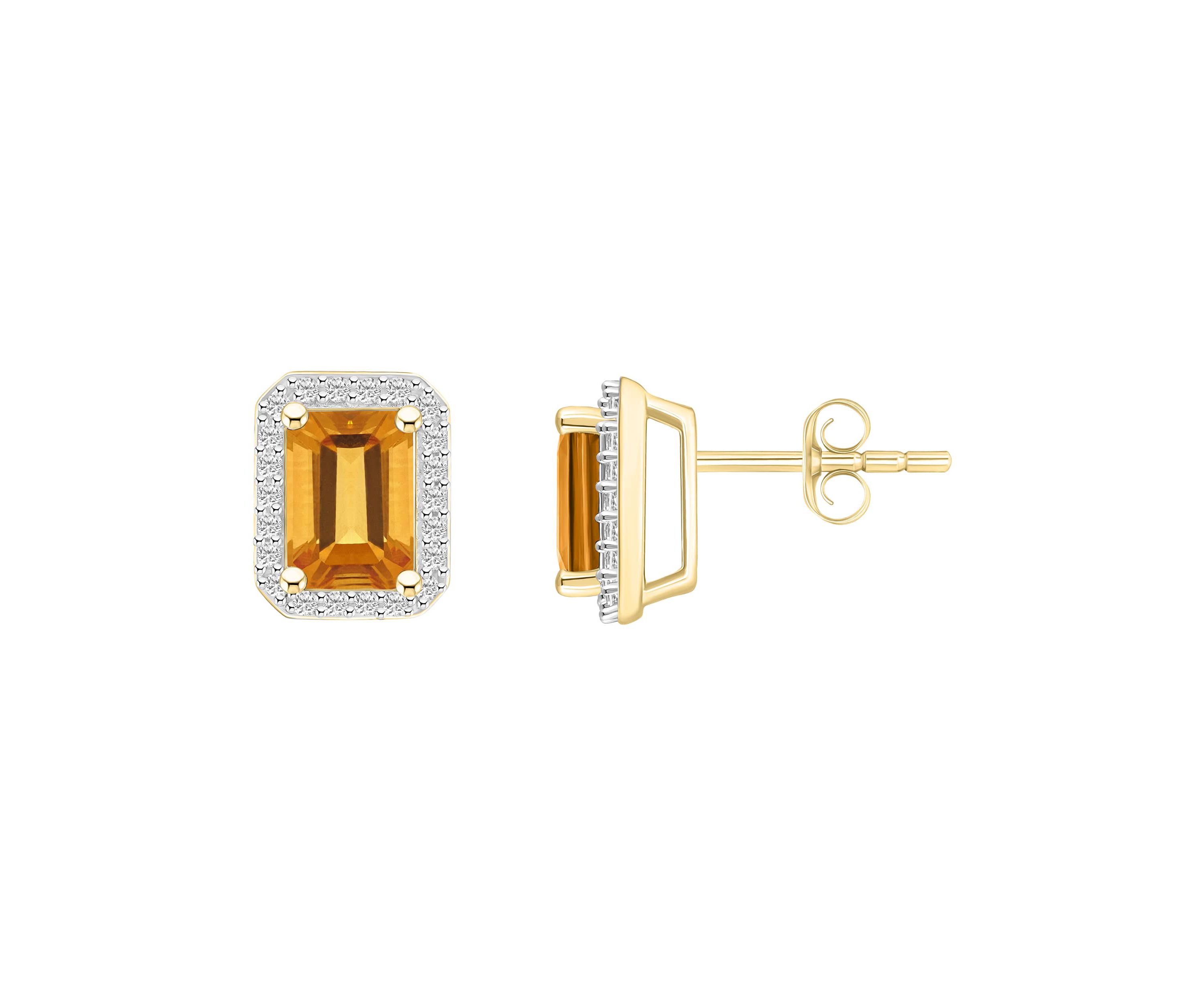 10K Yellow Gold 7x5mm Emerald Cut Citrine & Created White Sapphire Halo Stud Earrings