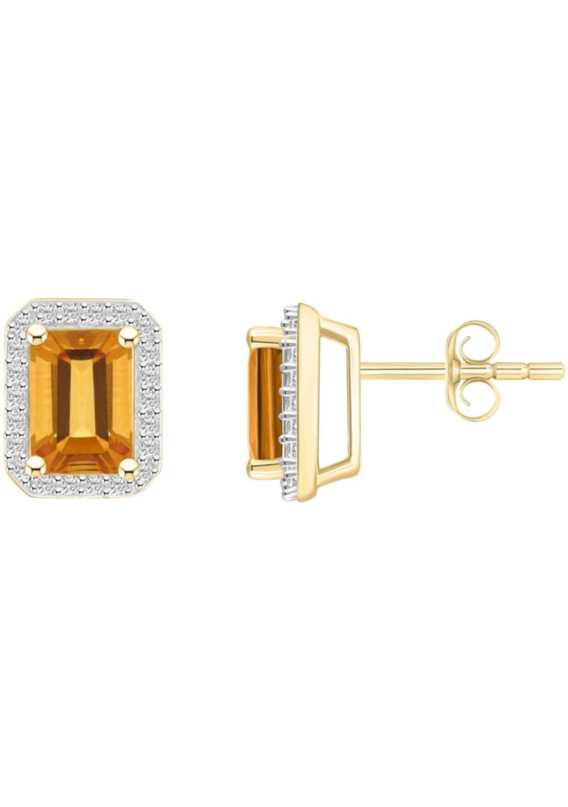10K Yellow Gold 7x5mm Emerald Cut Citrine & Created White Sapphire Halo Stud Earrings
