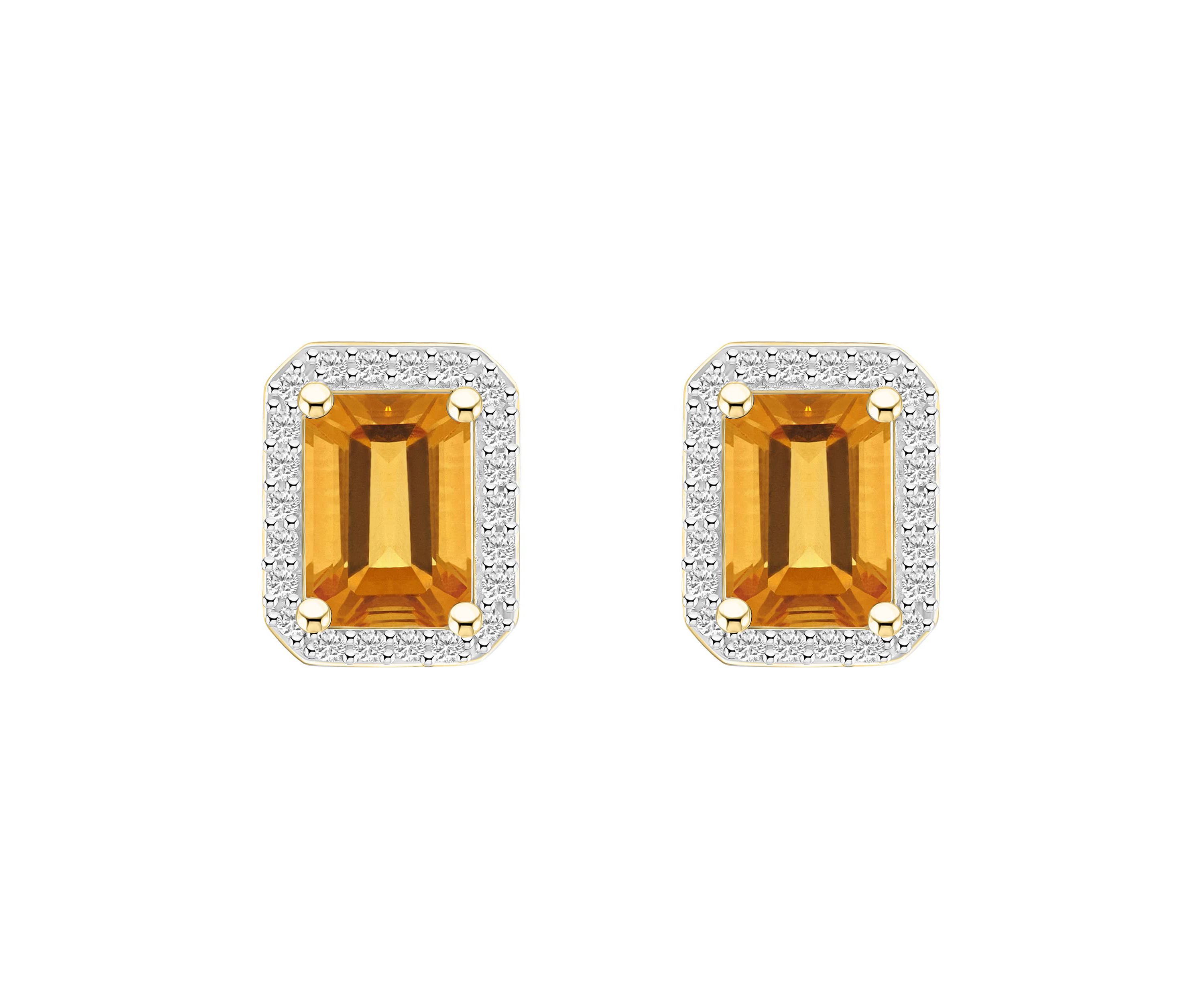 10K Yellow Gold 7x5mm Emerald Cut Citrine & Created White Sapphire Halo Stud Earrings
