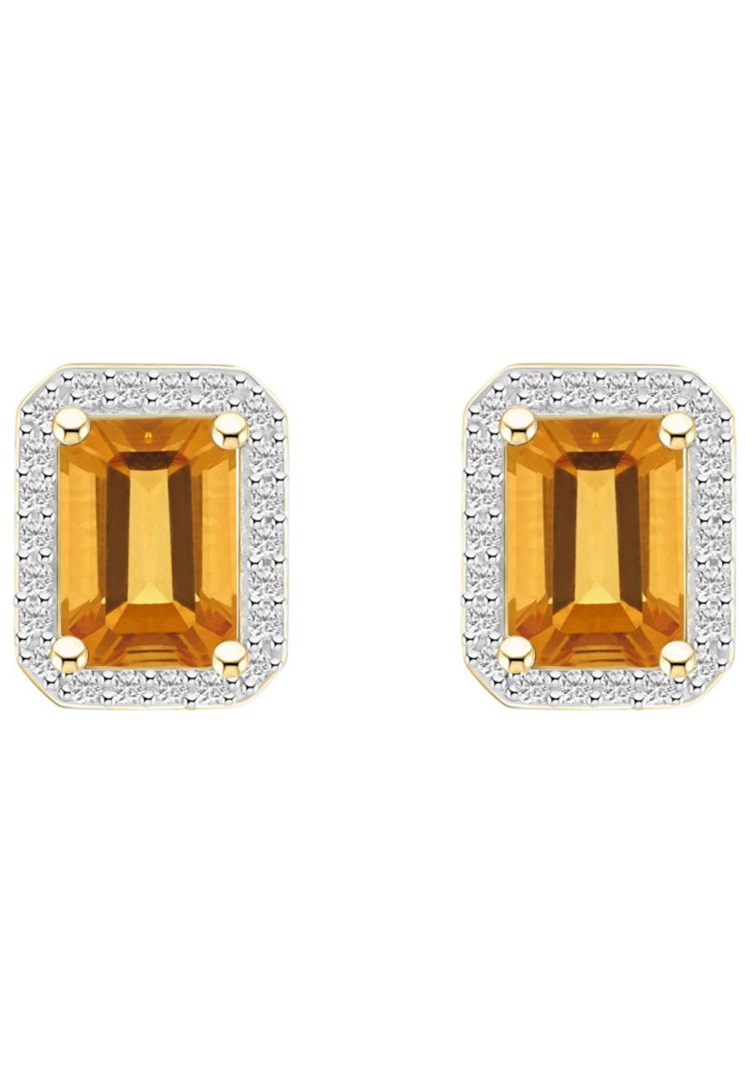 10K Yellow Gold 7x5mm Emerald Cut Citrine & Created White Sapphire Halo Stud Earrings