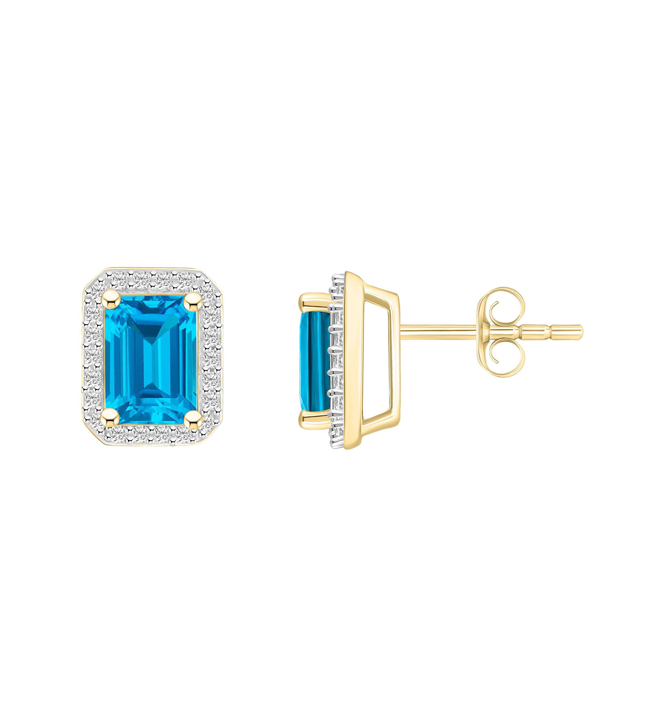 10K Yellow Gold 7x5mm Emerald Cut Blue Topaz & Created White Sapphire Halo Stud Earrings