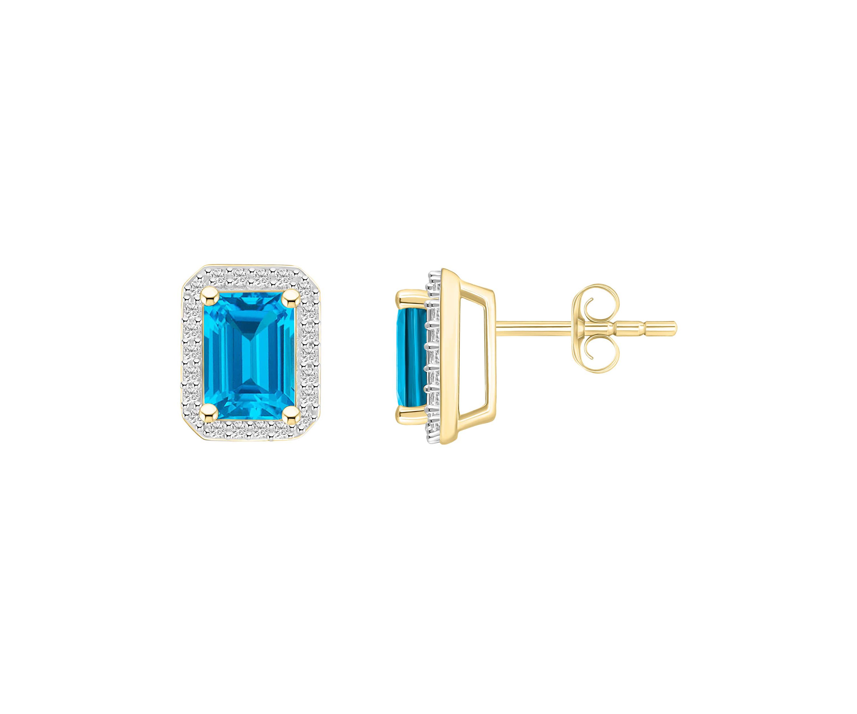 10K Yellow Gold 7x5mm Emerald Cut Blue Topaz & Created White Sapphire Halo Stud Earrings