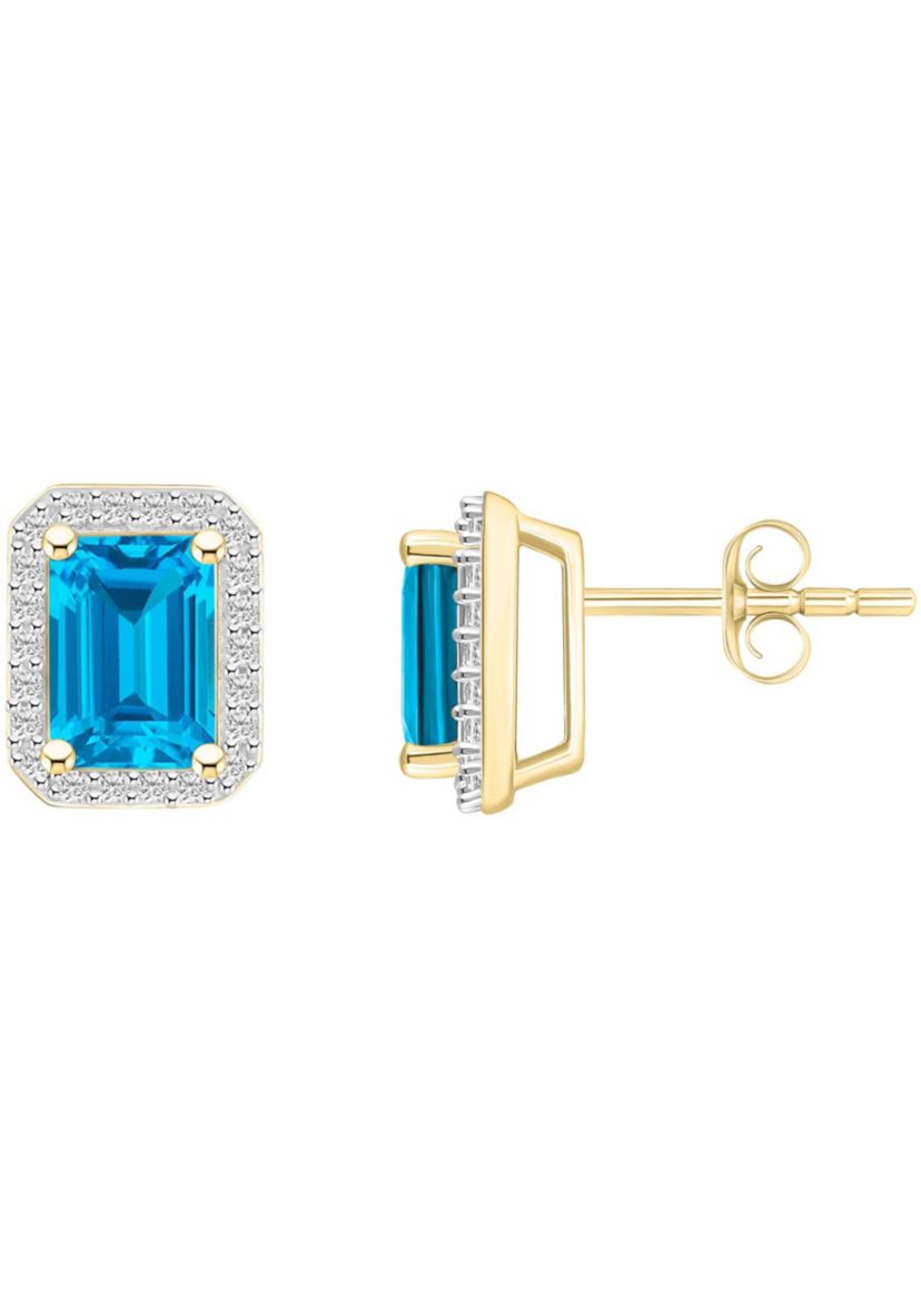 10K Yellow Gold 7x5mm Emerald Cut Blue Topaz & Created White Sapphire Halo Stud Earrings