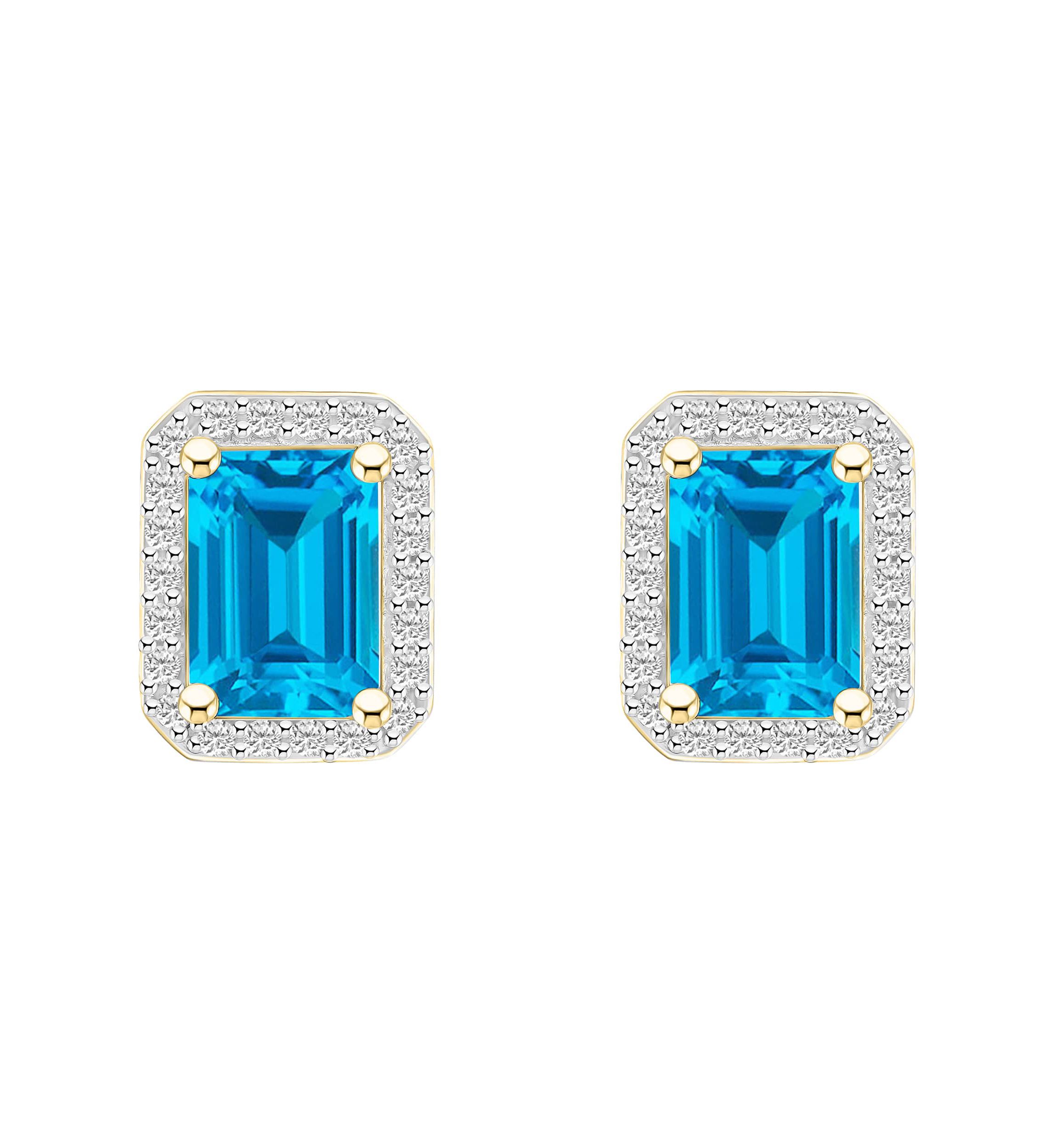 10K Yellow Gold 7x5mm Emerald Cut Blue Topaz & Created White Sapphire Halo Stud Earrings