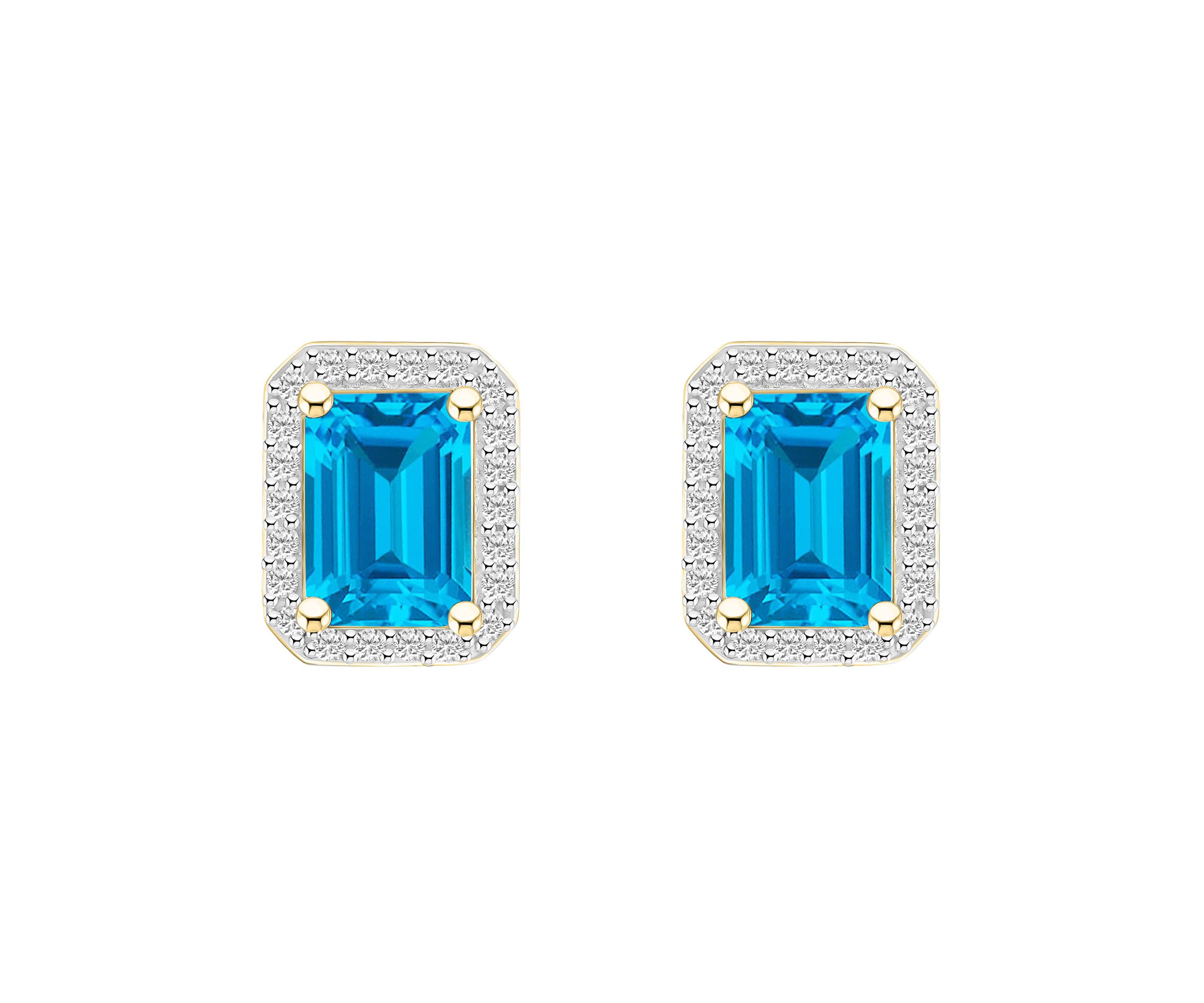 10K Yellow Gold 7x5mm Emerald Cut Blue Topaz & Created White Sapphire Halo Stud Earrings