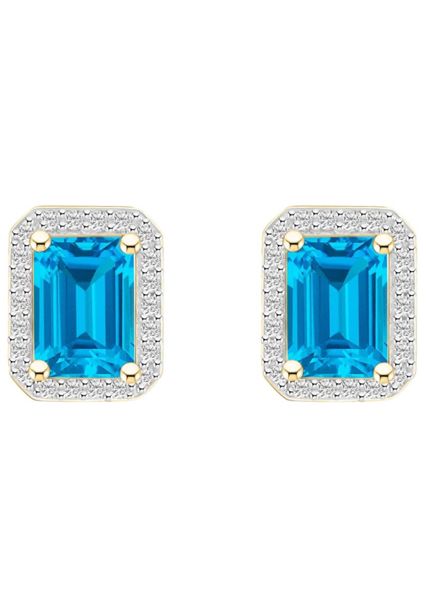 10K Yellow Gold 7x5mm Emerald Cut Blue Topaz & Created White Sapphire Halo Stud Earrings
