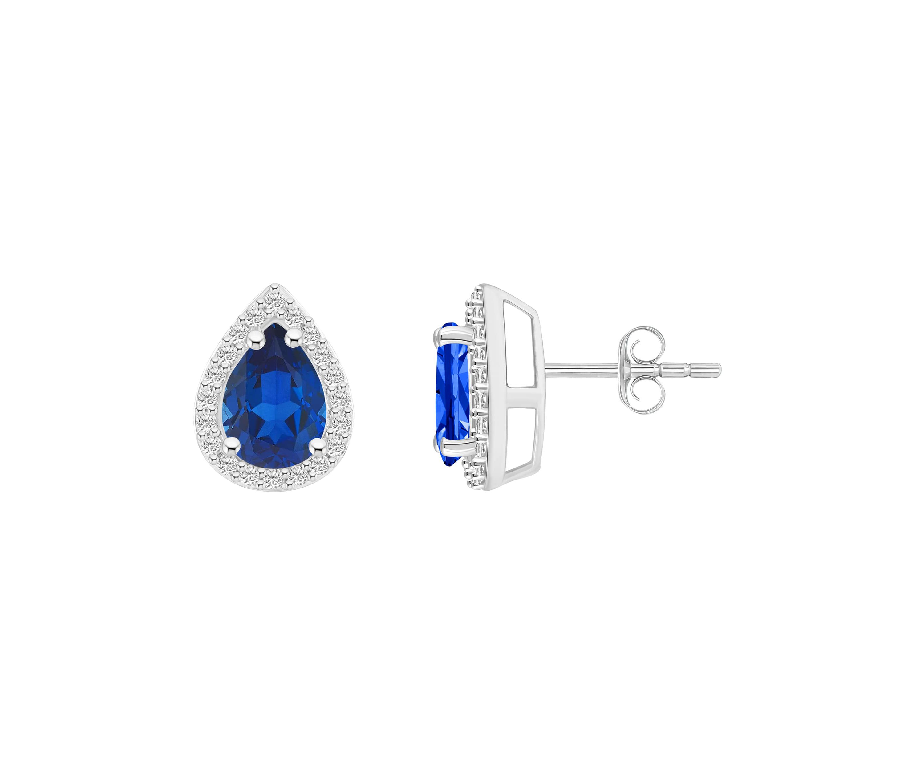Lab Created 10K White Gold 7x5mm Pear Shape Created Sapphire & Created White Sapphire Halo Stud Earrings