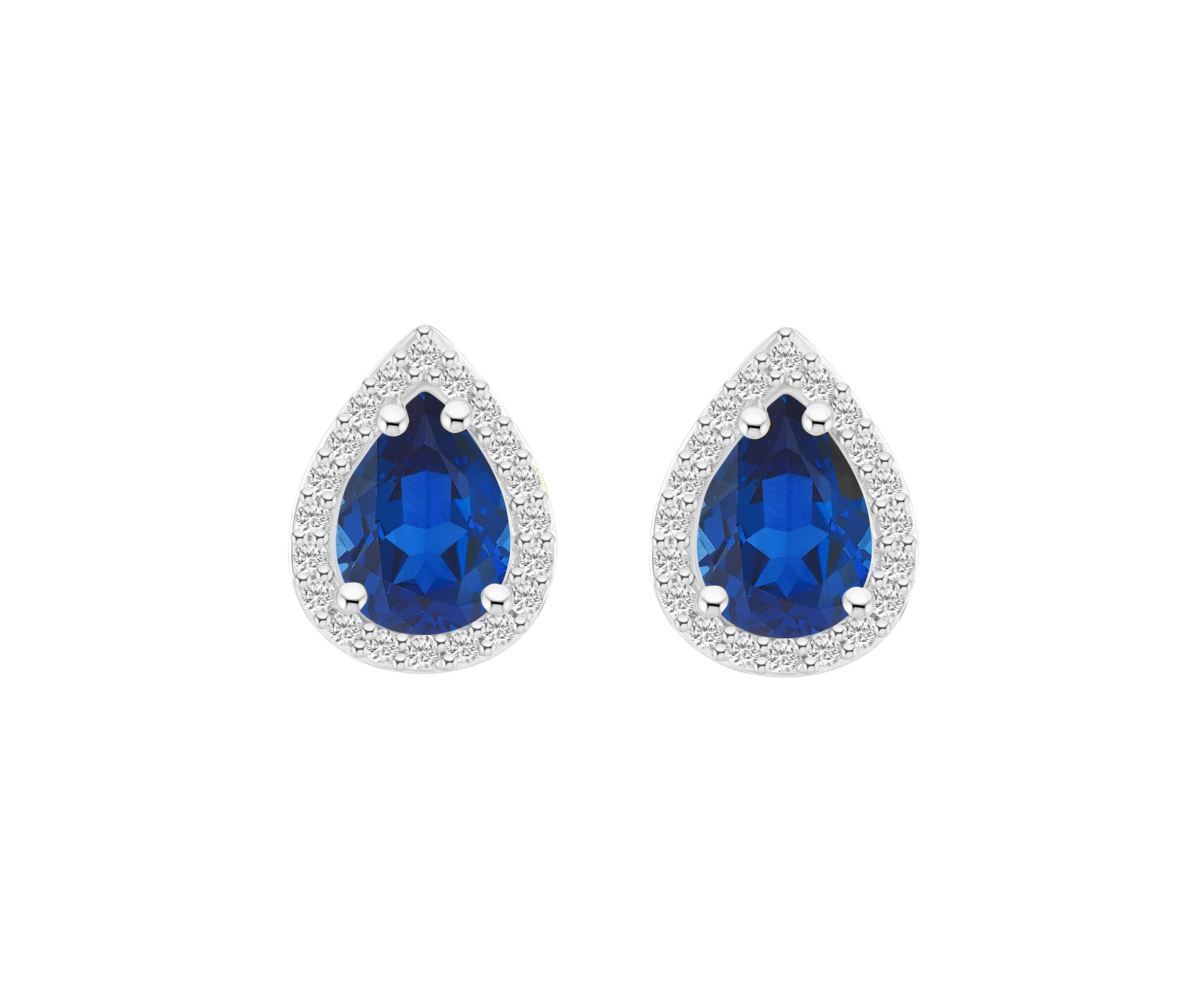 Lab Created 10K White Gold 7x5mm Pear Shape Created Sapphire & Created White Sapphire Halo Stud Earrings