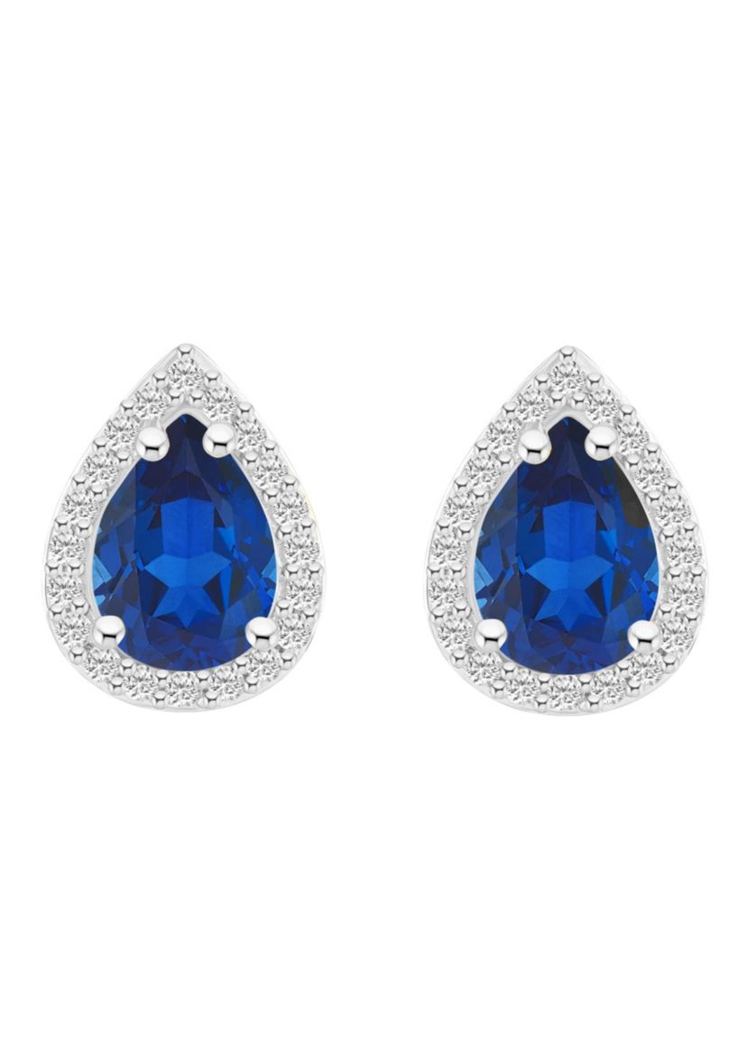 Lab Created 10K White Gold 7x5mm Pear Shape Created Sapphire & Created White Sapphire Halo Stud Earrings