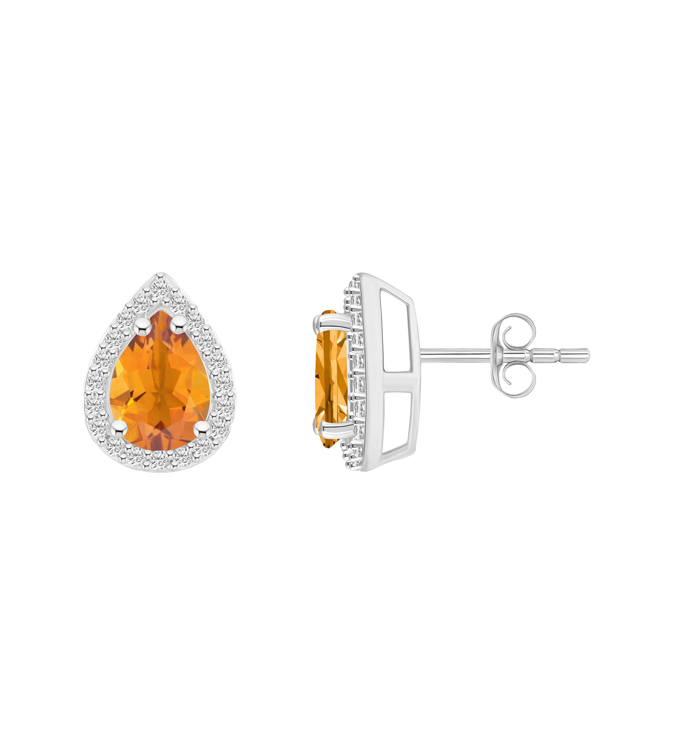 10K White Gold 7x5mm Pear Shape Citrine & Created White Sapphire Halo Stud Earrings