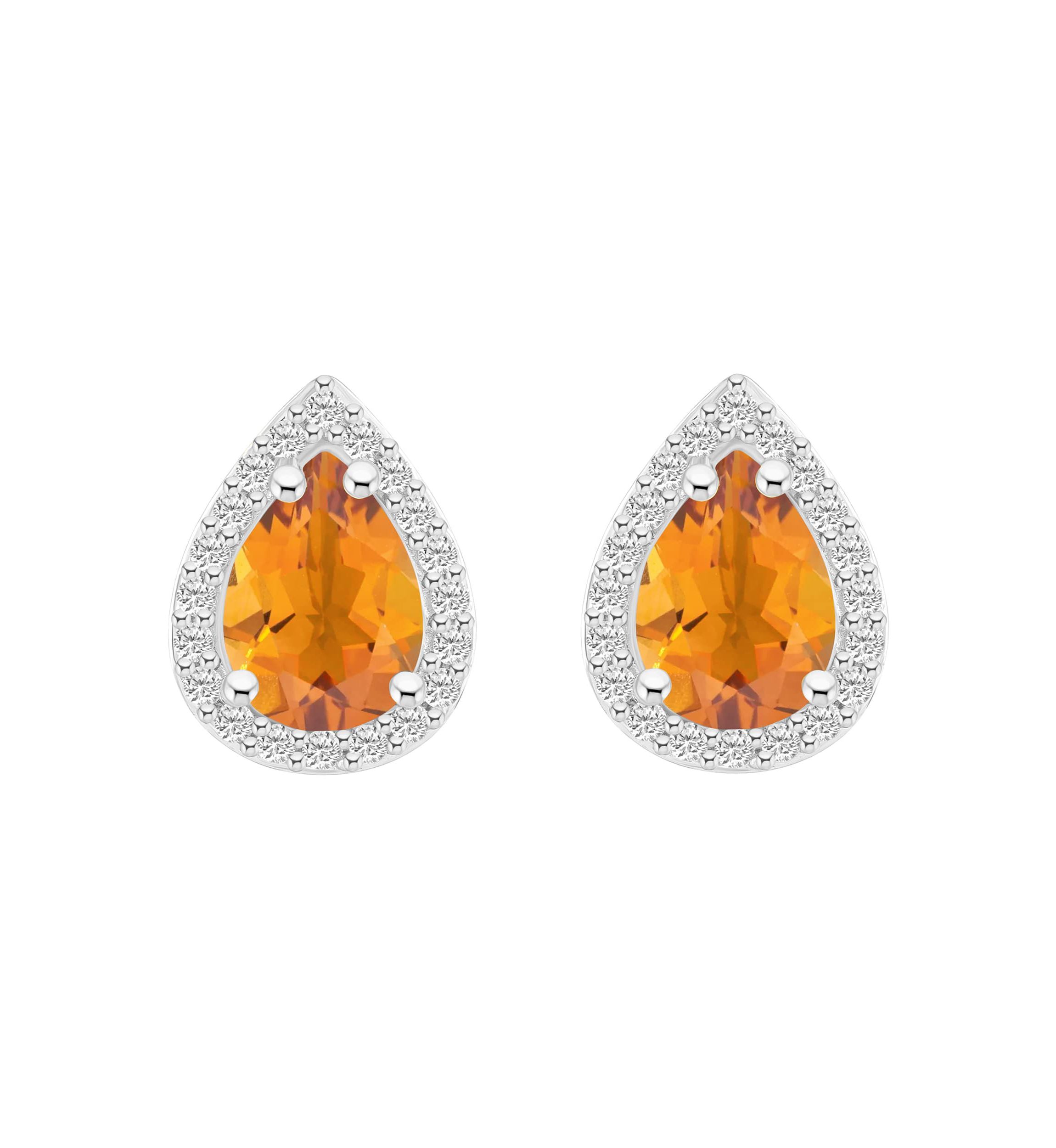 10K White Gold 7x5mm Pear Shape Citrine & Created White Sapphire Halo Stud Earrings