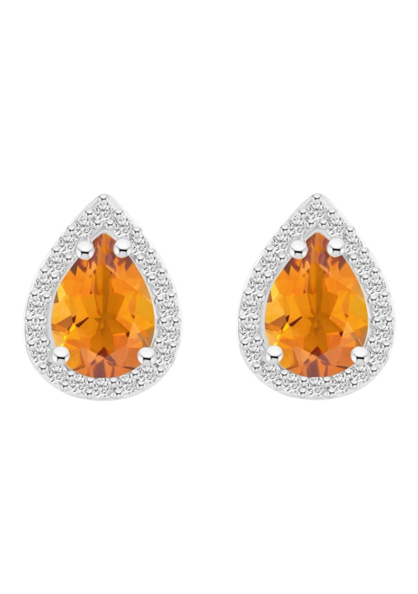 10K White Gold 7x5mm Pear Shape Citrine & Created White Sapphire Halo Stud Earrings