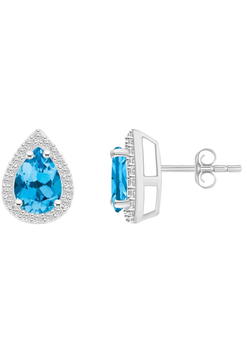 10K White Gold 7x5mm Pear Shape Blue Topaz & Created White Sapphire Halo Stud Earrings