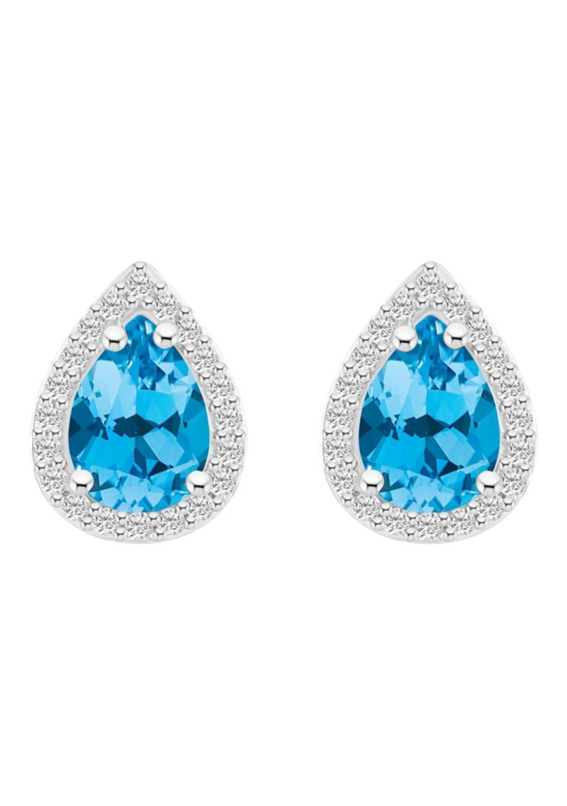 10K White Gold 7x5mm Pear Shape Blue Topaz & Created White Sapphire Halo Stud Earrings